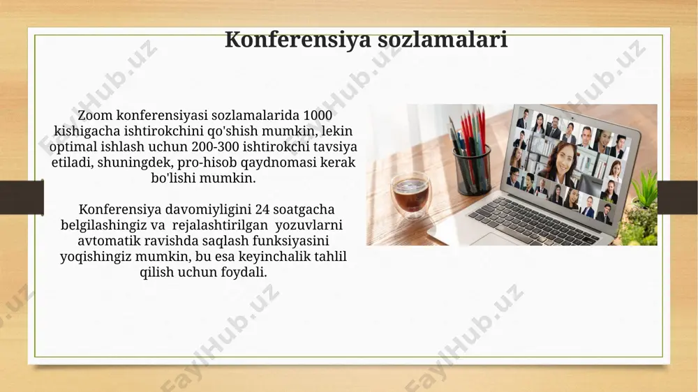 lar, ovoz berish va 3-5 daqiqalik tanaffuslarni rejalashtiring, bu diqqatni jamlashga yordam beradi. audio va video sozlamalari ishlatilgan mikrofondan va dinamiklardan foydalanish, shuningdek, "original sound" yoki "stereo" kabi audio rejimlarini tanlash orqali audio sifatini optimallashtirish mumkin. zoom’da audio va video sifatini 360p dan 1080p gacha o'zgartirish orqali ishtirokchilarning tarmoq tezligiga moslashtirish mumkin, bu esa ulanish muammolarini kamaytiradi. breakout xonalarini tashkil qilish zoom platformasida 3 dan 5 tagacha kichik guruhlarga boʻlish orqali ishtirokchilarni samarali muhokama qilish va fikr almashish imkoniyatini yaratishingiz mumkin, bu esa ulkan ma'lumotlarni kichikroq bo'laklarga ajratib samaradorlikni oshiradi. kichik guruhlarni avtomatik yoki qo'lda tarqatish imkoniyati mavjud bo'lib, bu esa ishtirokchilar soni va ularning maqomiga qarab eng maqbul usulni tanlash imkonini beradi, masalan, 20 kishilik guruhni 4 ta 5 kishidan iborat kichik guruhlarga bo'lish mumkin. konferensiya samaradorligini oshirish anketalar yoki onlayn so'rovnomalar orqali 100% ishtirokchilar fikrini o'rganish va konferensiyaning samaradorligini baholash mumkin. zoom konferensiyasida samarali ishtirok etish uchun 5 …