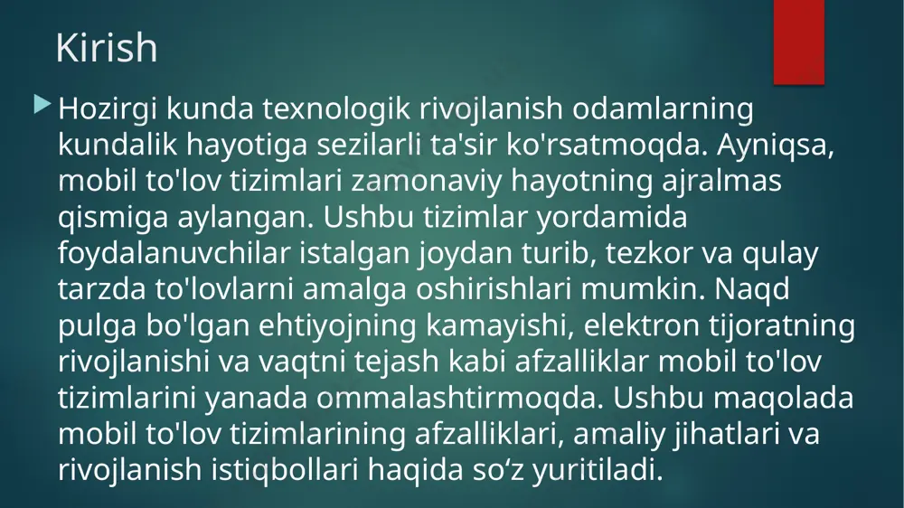 ta'sir ko'rsatadi. quyidagi sohalarda texnologik o'zgarishlar sezilarli ta'sir ko'rsatmoqda: ishlash va mehnat bozori: avtomatlashtirish va sun'iy intellektning rivojlanishi ko'plab an'anaviy ish o'rinlarini almashtirishi mumkin. bu, bir tomondan, samaradorlikni oshirsa, boshqa tomondan, ishchilarni o'qitish va malakasini oshirish zaruratini keltirib chiqaradi. iqtisodiyot: yangi texnologiyalar yangi mahsulotlar va xizmatlar yaratishda muhim rol o'ynaydi. e-tijorat, fintech (moliyaviy texnologiyalar), va raqamli valyutalar iqtisodiy tizimda inqilobiy o'zgarishlarga olib kelmoqda.ta'lim: raqamli ta'lim resurslari va onlayn kurslar o'qitish va o'rganish usullarini o'zgartirdi. o'quvchilarga yangi o'quv materiallari va metodlari bilan kirish imkoniyati yaratildi. xulosa mobil to'lov tizimlari texnologiyalari hozirgi kunda tez rivojlanib, odamlarning kundalik hayotini soddalashtirmoqda. ular xavfsiz va qulay tranzaksiyalarni amalga oshirish imkonini beradi, masalan, telefon orqali xaridlar, pul o‘tkazmalari yoki xizmatlar to‘lovlarini qilish. ular orqali banklar va moliya institutlari mijozlarga yanada kengroq xizmatlar ko‘rsatish imkoniyatini taqdim etmoqda. xulosa qilib aytganda, mobil to'lov tizimlari iqtisodiy jarayonlarni tezlashtiradi, ko‘proq odamlarni moliyaviy tizimga jalb qiladi va xavfsizlikka katta e'tibor qaratadi. …