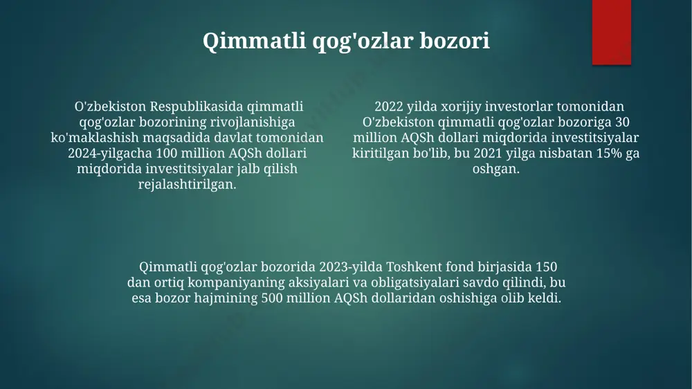 turi doirasida toshkent shahrida 20 dan ortiq yosh tadbirkorlarga 10,000 dan 50,000 aqsh dollari oraligʻida mablagʻ ajratildi. grantlarning 2023-yil uchun jahon banki tomonidan oʻzbekistonga ajratilgan 50 million aqsh dollari miqdoridagi mablagʻlari, asosan, qishloq xoʻjaligi va taʼlim sohalariga yoʻnaltirilgan. samarqand viloyatidagi kichik va oʻrta korxonalarni qoʻllab-quvvatlash maqsadida evropa ittifoqi tomonidan 3 yil muddatga 15 million yevro miqdorida grant berildi, bu mablagʻlar infratuzilmani rivojlantirishga sarflanadi. moliyalashtirish manbalari o'zbekistonning 2023 yilgi byudjetidan 50 milliard so'm miqdorida moliyalashtirish manbai sifatida samarqand viloyatiga qishloq xo'jaligini rivojlantirishga ajratilgan mablag'lar. toshkent shahridagi 3 ta yirik bankdan 10 yillik muddatga 5% lik foiz stavkasi bilan 10 million aqsh dollar miqdorida biznes loyihalarini moliyalashtirish imkoniyati mavjud. jizzax viloyatida joylashgan xorijiy investitsiyalarni jalb qilish dasturi doirasida 2024 yilga qadar 15 million evro miqdorida grantlar ajratish rejalashtirilgan. forfeiting forfeyting, as a financing method, allows exporters in countries like germany to receive up to 90% of an invoice value within 2-3 days …