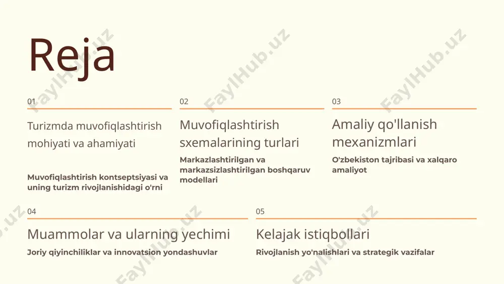 turlari markazlashtirilgan boshqaruv davlat organlari tomonidan yagona boshqaruv tizimi strategik rejalashtirish resurslarni taqsimlash standartlarni belgilash hududiy klasterlar mintaqaviy turistik klasterlar shakllantirish modeli geografik yaqinlik ixtisoslashuv synergiya effekti davlat-xususiy hamkorlik investitsiyalar va xizmatlarni uyg'unlashtirish mexanizmi investitsiya jalbi risk taqsimi samaradorlik oshirish o'zbekiston misolida turistik klasterlar tarixiy shaharlar klasteri samarqand, buxoro, xiva kabi unesco merosi shaharlar atrofida tashkil etilgan klasterlar aslanova dilbar hasanovna tadqiqotlari regional klasterlarni aniqlash va rivojlantirish metodikasi ishlab chiqilgan iqtisodiy samara klasterlar orqali yangi ish o'rinlari yaratish va mehnat unumdorligini oshirish klaster yondashuvi o'zbekiston turizm sohasida mintaqaviy raqobatbardoshlikni oshirishning samarali vositasi hisoblanadi. muvofiqlashtirishda axborot texnologiyalarining roli ma'lumotlar bazasi turizm ma'lumotlar bazalari va onlayn platformalar orqali barcha turistik ob'ektlar haqida to'liq axborot taqdimi raqamli marketing elektron xizmatlar va ijtimoiy tarmoqlar orqali samarali reklama va brendni rivojlantirish yagona axborot markazi sayyohlar uchun bir manzilli axborot olish va xizmatlar bilan tanishish imkoniyati raqamli texnologiyalar turizm sohasida muvofiqlashtirish samaradorligini 40-50% oshiradi zamonaviy turizm …
