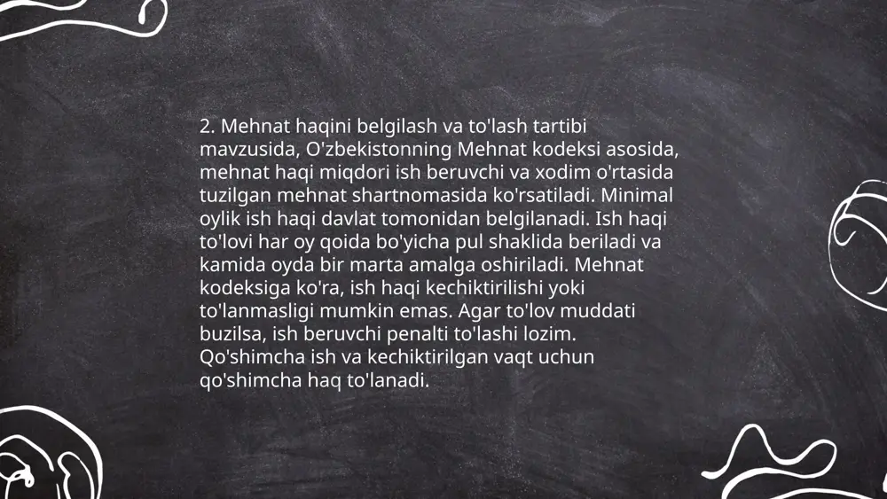yosatiga qarab farq qilishi mumkin. yordam miqdori odatda xodimning mehnat staji, lavozimi yoki oilaviy sharoitlariga qarab aniqlanadi. ayrim tashkilotlarda yangi yil bonuslari, tug'ilgan kun sovg'alari, ko‘p yillik xizmat mukofotlari yoki favqulodda vaziyatlar uchun maxsus yordamlar mavjud bo‘lishi mumkin. odatda, moddiy yordamlar yillik byudjet yoki maxsus ajratmalar orqali taqsimlanadi. yordamni olish uchun xodimlardan aniq hujjatlar talab qilinishi yoki ariza topshirilishi mumkin. har bir tashkilot modellarni va yordam shakllarini o‘z ichki nizomida bayon qiladi. ... t.me/slaydai_bot 10. to'lov varaqalari va hisobotlari tahlili 10. to‘lov varaqalari va hisobotlari tahlili moliyaviy boshqaruv jarayonidagi muhim bosqichlardan biri hisoblanadi. bu tahlil kompaniyaning moliyaviy holatini tushunish uchun 2019-2022 yillardagi pul aylanmasi, qarzdorlik darajasi va likvidlilik ko‘rsatkichlarini o‘rganishni talab qiladi. hisobotlar 2020-yilda savdo hajmining 23% o'sishini, lekin 2021-yilda inflyatsiya sababli foyda marjasining 5% kamayishini ko‘rsatadi. shu bilan birga, to‘lov varaqalarida kompaniyaning qisqa muddatli majburiyatlari va qabul qilingan kreditlar miqdori, 2023-yilda 15% ga ortgani qayd etilgan. tahlil natijalariga ko‘ra, …