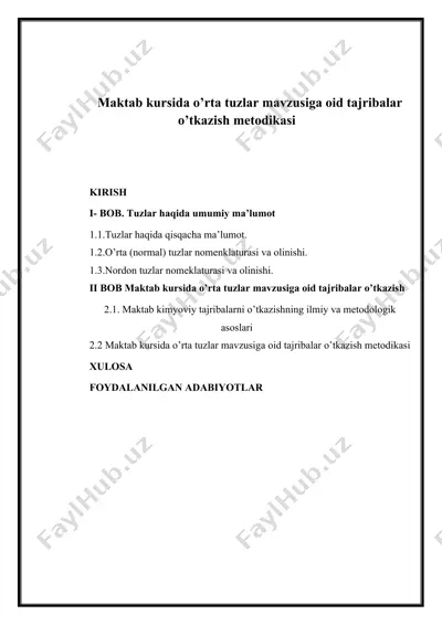 maktab kursida o’rta tuzlar mavzusiga oid tajribalar o’tkazish metodikasi — DOCX