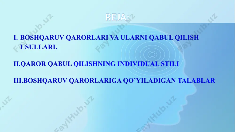turli xil usullarda olingan ma'lumotlar asosida o'rganiladi. bundan tashqari, samaradorlik mezonlari, ushbu qarorlarning mumkin bo'lgan oqibatlari tanlanadi va oqlanadi. keyinchalik, muammoni yoki vazifani mutaxassislar bilan hal qilishning turli variantlarini muhokama qilish bosqichi keladi. bu jarayonda maqbul qaror qabul qilinadi va shakllantiriladi, ijrochilar uchun qabul qilinadi va ko'rsatiladi boshqaruv qarorlarini qabul qilish usullari har doim mo'ljallangan maqsadlarga erishishga qaratilgan. turli xil bo'lishi mumkin. faqat menejerning sezgisi asosida tuzilgan usul, uning o'zida muayyan, aniq faoliyat sohasidagi tajriba va bilimlar miqdori mavjud. boshqaruv qarorlarini qabul qilish usullari "sog'lom fikr" degan tushunchaga asoslangan uslubsiz tasavvur qilinmaydi. bu holatda boshqaruvchi qarorlarni qabul qiladi va ularni juda izchil dalillar bilan oqlaydi. ilmiy va amaliy yondoshuvga asoslangan usul. u juda ko'p miqdordagi axborotni qayta ishlash va u asosida optimal yechimni tanlashni taklif qiladi. ushbu usul zamonaviy texnologiyalardan majburiy foydalanishni talab qiladi. rahbariyat oldida, har holda, ertami-kechmi, tegishli yechimni tanlash muammosi paydo bo'ladi. rahbar o'ziga o'zi ma'lum bir …