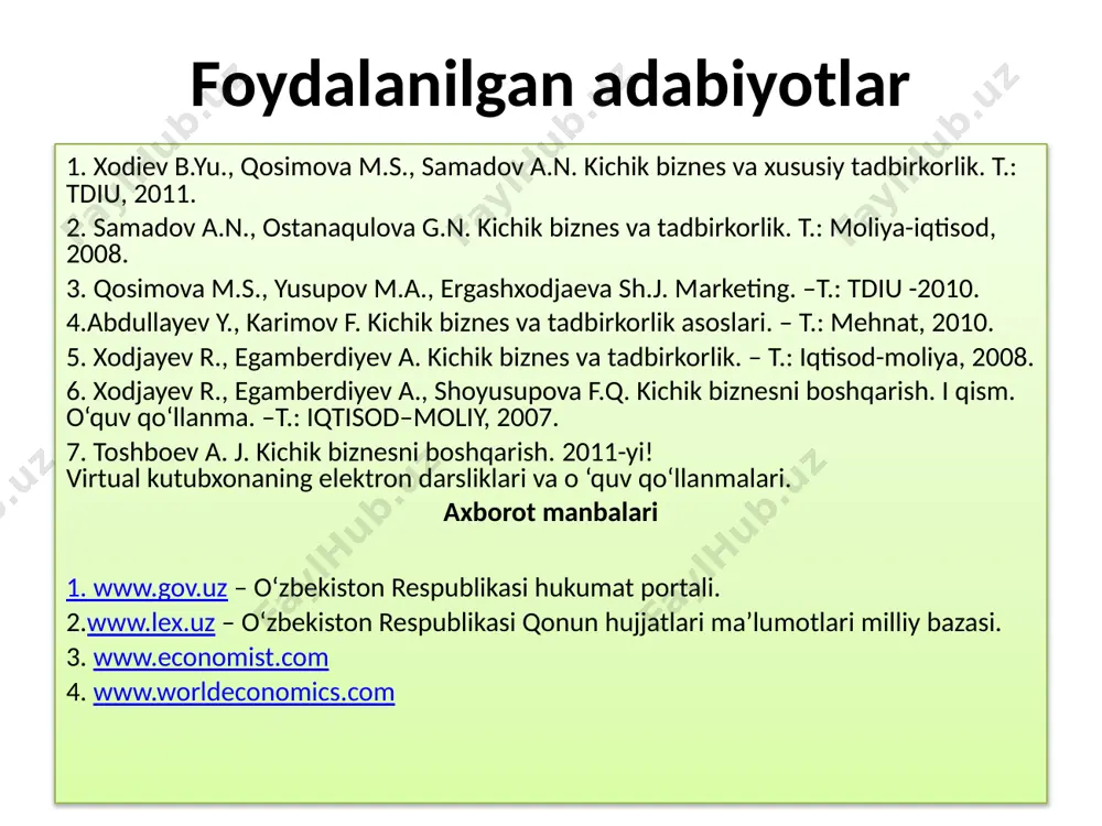 dagi хususiyatlarini e’tiborga olish kerak tadbirkor tadbirkor biznesning pirovard natijalariga javob beradigan shaxslar kichik korxonaning pirovard natijalari kichik biznes bilan shug’ullanuvchi tadbirkor har doim bozordagi talab va taklifni e’iborga olib ish ko'radi; samaradorlikni ta'minlovchi sa’y-harakatlar qilib, ishlab chiqarish xarajatlarini kamaytirish yo’llarini qidiradi; o'z bizneslarini erkin shart-sharoitlarda olib borishiga etarli imkoniyatlar yaratadilar; ya’ni uning oladigan foyda yoki zarari faqat bozordagi oldi-sotdi jarayonida ma'lum bo'ladi; o'z mablag'larini harakatga solib, bozorda qanday xavf-xatarga duch kelishi yoki yakuniy natija qanday bo’lishini aniq bilmaydi. tadbirkor faoliyati predmetini tashkil etuvchi barcha narsa iste’molchining ijobiy bahosiga ega bo'lgan xoldagina amalga оshirilishi mumkin. iste’molchi ham, davlat, ham, yollanma (ishchi) [odam ham tadbirkorlik faoliyati sub’ektlari qatoriga kiradilar. tadbirkorning o'zi tadbirkorlik faoliyatining asosiy subekti xisoblanadi. tadbirkorning asosiy maqsadi o'z iste'molchilariga ega bo’lish yo'lida tovarga ehtiyojni aniqlashdan iborаtdir. tadbirkor o'z iste'molchilarini shakllantirishda quyidagi asosiy omillarni hisobga olishi kerak - tovarning yangiligi va uning хаridor manfaatiga mos kеlishi; - tovar yoki xizmatlarning …