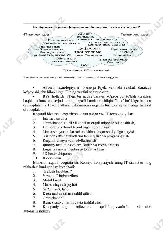 ologiyalar tufayli geografiya endi ishlashga xalaqit bermaydi: dunyoning istalgan burchagida biznes yuritish va sherik izlash mumkin. va ochiq api hamkorlikni yanada osonroq va qulayroq qiladi. masalan, moliyalashtirishni raqamlashtirishda. bank sohasi, apilar bir necha yillardan beri ishlatilib kelinmoqda. shuni ham yodda tutish kerakki, raqamlashtirishsiz eng zo'r bo'lish yoki eng zo'rlari bilan ishlash mumkin emas. etakchi kompaniyalar allaqachon hayotlarida raqamli transformatsiya strategiyalarini amalga oshirmoqdalar va o'zlarining rivojlanish darajalariga mos keladigan va o'z qadriyatlarini baham ko'radiganlar bilan hamkorlik qilishni xohlamoqdalar. raqamli biznesni o'zgartirish raqamli biznesni o'zgartirish nima degan umumiy qabul qilingan ta'riflar mavjud emas. bu savolga kim javob berishiga bog'liq holda turli xil qarashlar mavjud: · axborot texnologiyalari biznesga foyda keltirishi sezilarli darajada ko'payishi, shu bilan birga it-ning xavfini oshirmasdan; · ba'zi hollarda, it-ga bir necha baravar ko'proq pul to'lash kerakligi haqida tushuncha mavjud, ammo deyarli barcha boshliqlar "etik" bo'lishga harakat qilmoqdalar va it-xarajatlarni oshirmasdan raqamli biznesni aylantirishga harakat qilmoqdalar. raqamli biznesni o'zgartirish …