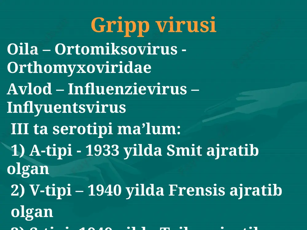 as yoʼllari shilliq qavati epiteliya hujayralarida virusemiya intoksikatsiya lixoradka immunitet onadan bolaning birinchi oyigacha passiv immunitet oʼtadi har bir serologik variantga immunitet qoladi аsosan s jg a ahamiyatga ega laboratoriya diagnostikasi tekshirish uchun: burun - halqumdan suyuqlik olinadi tekshirish usullari: - rinotsitoskopiya - virusologik usul - if-tez diagnostika - serologik usul- kbr, gаtr, ifа, pzr tovuq embrioniga yuqtirish usullari: 1–amnionga; 2 –allantois boʼshligʼiga; 3–sariqlik xaltasiga; 4-xorion allantois qobigʼiga tovuq embrionini ochish davolash 1) koʼp miqdorda suyuqlik isteʼmol qilish 2) α- interferon- 3 tomchidan- burunga tomiziladi 3) oksolin mazi 4) remantadin preparati: - xomiladorlarga - yosh bolalarga mumkin emas 5) аntibiotik 6) grippga qarshi zardob 7) γ-globulin 8) аrbidol preparati profilaktika i.аllantoin - tirik kuchsizlantirilgan vaktsina (burunga tomiziladi, teri ostiga) ii. grippovak - oʼldirilgan vaktsina (burunga tomiziladi, teri ostiga) iii. grippol - sunʼiy vaktsina iv. ximiyaviy vaktsina – h va n juda effektiv v. α - if vi. oksolin mazi gripp …
