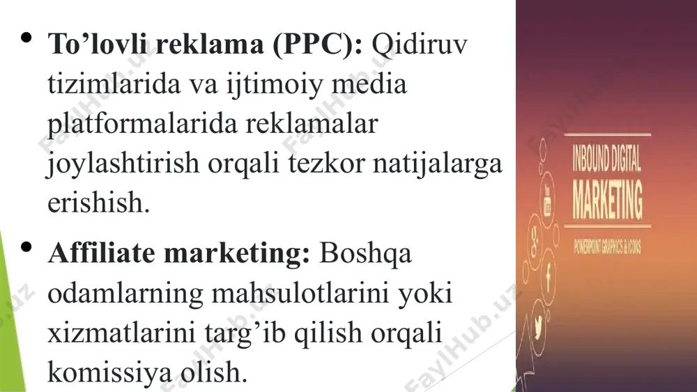 marketing tobora muhim bo’lib boradi. yaratuvchilar bilan hamkorlik: brendlar yaratuvchilar bilan hamkorlik qilib, qiziqarli va tegishli kontent yaratadi. 21 8. ko’p kanalli (omnichannel) strategiyalarning kengayishi: mijozga yo’naltirilgan yondashuv: mijozlarga bir vaqtning o’zida turli kanallar orqali murojaat qilish, ularga qulay va uzluksiz tajriba yaratish muhim bo’ladi. 22 10. axloqiy marketing va barqarorlik: yashil marketing: ekologik toza mahsulotlar va xizmatlarni targ’ib qilishga e’tibor qaratiladi. axloqiy marketing: marketing faoliyatida axloqiy me’yorlarga rioya qilish muhim bo’ladi. 23 raqamli marketingning kelajagi yanada shaxsiylashtirilgan, texnologiyaga bog’liq, mijozga yo’naltirilgan va axloqiy bo’ladi. marketing mutaxassislari ushbu tendentsiyalarni kuzatib borish, yangi texnologiyalarni o’zlashtirish va moslashuvchan bo’lishlari kerak. e’tiboringiz uchun raxmat image1.jpeg image2.jpeg image3.jpeg image4.jpeg image5.jpeg image6.gif