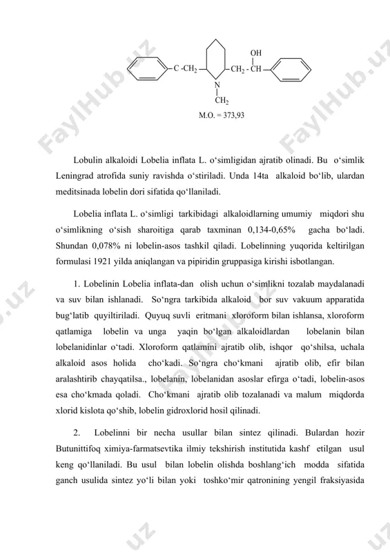 agi alkaloidlarning umumiy miqdori shu o‘simlikning o‘sish sharoitiga qarab taxminan 0,134-0,65% gacha bo‘ladi. shundan 0,078% ni lobelin-asos tashkil qiladi. lobelinning yuqorida keltirilgan formulasi 1921 yilda aniqlangan va pipiridin gruppasiga kirishi isbotlangan. 1. lobelinin lobelia inflata-dan olish uchun o‘simlikni tozalab maydalanadi va suv bilan ishlanadi. so‘ngra tarkibida alkaloid bor suv vakuum apparatida bug‘latib quyiltiriladi. quyuq suvli eritmani xloroform bilan ishlansa, xloroform qatlamiga lobelin va unga yaqin bo‘lgan alkaloidlardan lobelanin bilan lobelanidinlar o‘tadi. xloroform qatlamini ajratib olib, ishqor qo‘shilsa, uchala alkaloid asos holida cho‘kadi. so‘ngra cho‘kmani ajratib olib, efir bilan aralashtirib chayqatilsa., lobelanin, lobelanidan asoslar efirga o‘tadi, lobelin-asos esa cho‘kmada qoladi. cho‘kmani ajratib olib tozalanadi va malum miqdorda xlorid kislota qo‘shib, lobelin gidroxlorid hosil qilinadi. 2. lobelinni bir necha usullar bilan sintez qilinadi. bulardan hozir butunittifoq ximiya-farmatsevtika ilmiy tekshirish institutida kashf etilgan usul keng qo‘llaniladi. bu usul bilan lobelin olishda boshlang‘ich modda sifatida ganch usulida sintez yo‘li bilan yoki toshko‘mir qatronining yengil …