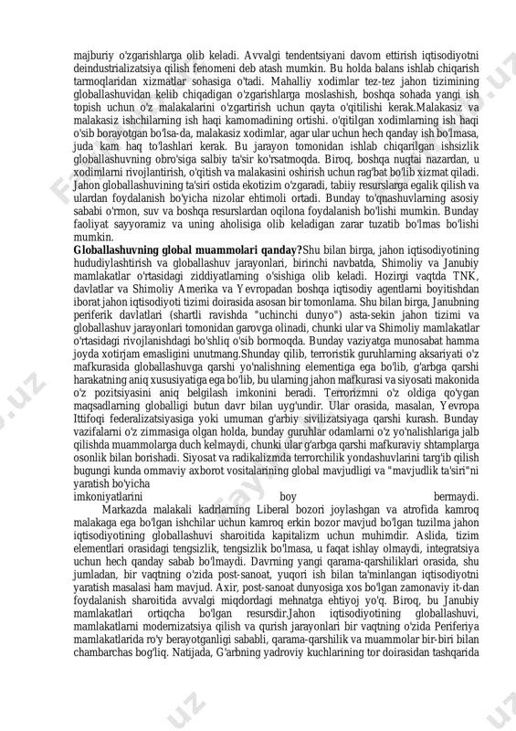 adi. natijada, raqobatbardoshlik, mehnat unumdorligi va umuman ishlab chiqarish samaradorligi kabi parametrlar o'zgaradi. shunday qilib, globallashuv xalqaro raqobatning o'sishi uchun asosiy tetik bo'ldi.jahon iqtisodiyotining globallashuv jarayonining tezlashishi so'nggi 2o- 3o yil ichida sodir bo'ldi, buning uchun jahon bozorlarini tnk tarmog'iga integratsiya qilish, korporatsiyalar va tovarlar, texnologiyalar, xizmatlar bozori, shuningdek, mehnat o'rtasidagi munosabatlarning o'sishi kuzatildi. ba'zi tnclar o'zlarining savdo faoliyatini cheklashlariga qaramasdan, ularning aksariyati rivojlanayotgan mamlakatlarda eski (oziq- ovqat, to'qimachilik) va yangi tarmoqlarni (elektron, neft-kimyo, avtomobil, mashinasozlik) modernizatsiya qilish orqali sanoatni qayta qurishni talab qiladi. yangi avlod tnk (global korporatsiyalar sifatida tanilgan) birinchi navbatda moliyaviy va axborot bozorlarida faoliyat yuritadi, bu ularni avvalgi ishlab chiqarish tnklaridan ajratib turadi. shunday qilib, ushbu bozorlar sayyora miqyosida birlashadi, dunyodagi moliyaviy va axborot maydoni bir xil bo'ladi. natijada, tnk va xalqaro iqtisodiy tashkilotlar va ular bilan bog'liq tuzilmalar (xvj, ifc, mbrr) ahamiyati ortib bormoqda. bugungi kunda yangi texnologiyalarning mutlaq ko'pchiligi (8o%) tnc tomonidan ishlab chiqariladi …