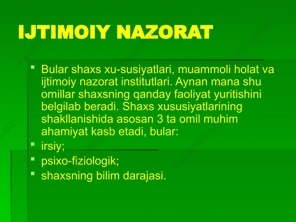 oluvchi va ularga qarshi kurashuvchi ijtimoiy na-zorat tizimlari ham salbiy rol o‘ynaydi. bularning ikkinchi farqli jihati, yuqoridagi holatlarni hal qilishning ma’lum qiyinchiliklarga egaligidir. ma’lumki, har qanday holatda ham, ko‘p “qurbon” berib bo‘lsa-da, to‘g‘ri yechimga erishish mumkin. lekin hamma gap shundaki, subyekt “qurbon” bera oladimi: xotini (yoki eri) bilan ajralib keta oladimi, yangi kasbga ega bo‘la oladimi yoki yo‘qmi? qat’iy qarorga kela olmay, ko‘pincha subyekt “o‘rinbosar” vositalarga, ichkilik va giyohvand moddalarga murojaat etadi. bunday holatlarning farqi shundaki, ko‘pincha subyekt ularni hal qilishning noto‘g‘ri yo‘llarini tanlaydi. oilaviy va ishdagi janjallar odatga aylanib qolganda, bundan “qutulishning” noto‘g‘ri xayoliy yo‘llari, ichki-likbozlik, giyohvand vositalar va boshqalarga murojaat etiladi. biroq bu yo‘l ziddiyatning chuqurlashuviga va turmush tarzini zararlantirishga olib keladi. me’yoriy – qadriyatlar iyerarxiyasidagi o‘rniga ko‘ra asosiy va ikkin-chi darajali, umumiy va konkret me’yorlar. tashkil bo‘lish va qayd etish shakliga ko‘ra qat’iy belgilangan, qat’iy qayd etilgan va o‘zgaruvchan, egiluvchan me’yorlar. qo‘llanish ko‘lamiga ko‘ra me’yorlar umumiy va …