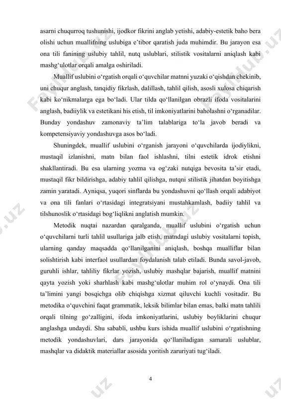 a ularning o‘quvchilarga ta’siri. kurs ishining tuzilishi: kirish, 2 bob, 4 paragraf, xulosa va foydalanilgan adabiyotlar iborat. i bob. muallif uslubini o‘rgatishning nazariy asoslari 1.1. muallif uslubi tushunchasi va uning ona tili ta’limidagi o‘rni adabiy til doirasida har bir ijodkorning o‘ziga xos tilda ifoda topgan uslubi, uni boshqa mualliflardan ajratib turadigan badiiy til vositalarining uyg‘unligi “muallif uslubi” deb yuritiladi. muallif uslubi — bu ijodkorning dunyoqarashi, estetik qarashlari, badiiy tasvir usullari, obraz yaratishdagi o‘ziga xosligi, tilga bo‘lgan individual munosabatidir. u asosan leksik, sintaktik, stilistik va kompozitsion vositalar orqali ifodalanadi. har bir yozuvchining uslubi uning asarlarini o‘qishda seziladi, ayni matnda tanlangan so‘zlar, gap qurilishi, ifoda vositalari va ulardan foydalanish usuli bu uslubni belgilaydi[footnoteref:1]. [1: abdullaeva n. ona tili o‘qitish metodikasi. – toshkent: o‘qituvchi, 2006.] tilshunoslikda muallif uslubi stilistika fanining muhim tadqiqot obyekti hisoblanadi. stilistika ilmida “individual uslub” yoki “avtorskaya stil” deb ataluvchi hodisa yozuvchining badiiy nutqida o‘z ifodasini topadi. muallifning til vositalarini …