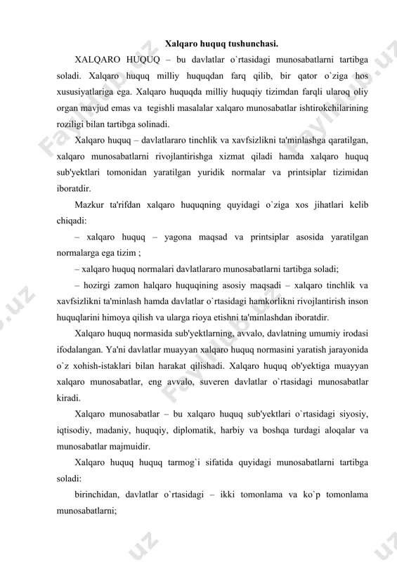 hkilotlarga a'zo bo`lishi bilan bog`liq davlatlar hamda hukumatlararo tashkilotlar o`rtasidagi munosabatlar; uchinchidan, hukumatlararo tashkilotlar o`rtasidagi munosabatlar; to`rtinchidan, davlatlar hamda davlatga o`xshash to`zilmalar o`rtasidagi munosabatlarni tartibga soladi. xalqaro huquqning sub'yektlari: mustaqil davlatlar; o`z mustaqilligi va ozodligi uchun ko`rash olib borayotgan millatlar va elatlar, davlatga o`xshash to`zilmalar to`zilmalar (vatikan, malta ordeni); xalqaro va xalqaro hukumatlararo tashkilotlardir. xalqaro huquq sub'yektlari o`zaro kelishib, mustaqil ravishda xalqaro huquq normalarini yaratadilar. xalqaro huquqda xalqaro huquqiy normalarning bajarilmaganligi uchun javobgarlik mavjud bo`lib, turli siyosiy va moddiy choralar qo`llaniladi. huquqiy tuzilmalar va huquq tarmoqlariga huquqiy normalar huquq tizimining real mazmunini tashkil etadi. huquq normasi, huquqiy to`zilma va huquq tarmog`i – huquq tizimining asosiy qismlari hisoblanadi. xalqaro huquq funktsiyalari. xalqaro huquqning funksiyalarini ko‘rib chiqmay, uning mohiyatini ochib berish mumkin emas. xalqaro munosabatlarni tartibga soluvchi xalqaro huquq. quyidagi funksiyalarni bajaradi: muvofiqlashtiruvchi funksiy. davlatlar xalqaro huquq. meyorlari yordamida xalqaro hamkorlikning turli sohalarida umumiy qabul qilingan xulq-atvor standartlarini belgilaydi. tartibga soluvchi funksiy. …