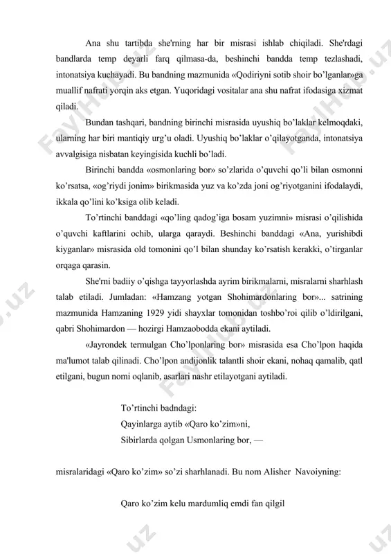 zimning o’ziga xosligi shundaki, unda qofiya tizimi saqlangan holda boshqa shakliy unsurlar (bo’g’inlar soni, turoq, band, radif, va b.) barmoqdagi singari har bir misrada tenglik, zarurlik xususiyatlarini yo’qotadi. misralar zinapoyachalarga bo’linib, ma'no va mazmun shakliy unsurlardan to’la ma'noda ustunlik qiladi. shoir g’oyaviy mazmundan kelib chiqib, hatto bir so’zni ham alohida misra shaklida berishi mumkin. v.mayakovskiyning mashhur «sovet pasporti» she'rining birinchi bandi quyidagicha: bo’riday g’ajirdim byurokratizmni har-xil mandatlarga yo’q menda ixlos, qog’ozbozlikni yo’q ko’rgani ko’zim. qurib ketmaydimi har qanday qog’oz! bu she'r tizimi o’zbek adabiyotiga 30-yillardan boshlab kirib keldi. g’.g’ulom, h.olimjon, m.shayxzoda singari shoirlarimizning ko’plab she'rlari mazkur she'r tizimi asosida yozilgan. bu she'r tizimining o’zbek adabiyotiga kirib kelishini h.olimjon xotiralarida ko’rish mumkin. h.olimjon 1929 yilda qrimda v.mayakovskiy bilan uchrashdi. «...u birinchi bo’lib o’zining «so’l marsh» degan mashhur she'rini o’qiydi. bu she'r, uning shu kechada hikoya qilganiga ko’ra, revolyutsiyaning dastlabki yillarida petrograd matroslarining chaqirig’iga muvofiq, she'r o’qib berishga ketayotgan vaqtida, izvoshda yozilgan …