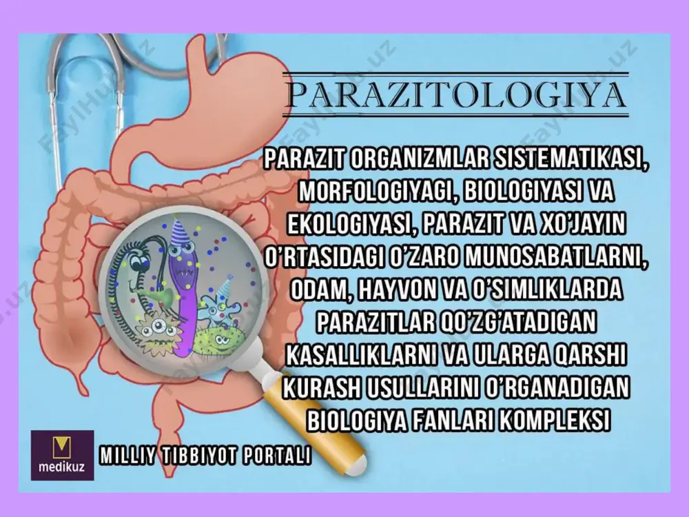 adi va yana yutilib ichakka tushadi, 2 – 2,5 oyda voyaga yetadi. urgʻochi askarida har 2 – 2,5 oyda tuxum qoʻya boshlaydi. ostritsalar ostritsalar (enterobius) — parazit nematodalar urugʻi. urgʻochisi 12 mm gacha, erkagi 5 mm gacha. odam va primatlar ichagidagi parazit. kutikulasi bosh qismida boʻrtiq hosil qiladi. ogʻzi 3 ta lab. bilan oʻralgan. tuxumlari 0,05 mm. yoʻgʻon ichakda va ingichka ichakning keyingi qismida parazitlik qiladi. voyaga yetgan urgʻochilari anal teshigidan chiqib, teriga tuxum qoʻygach, halok boʻladi. iflos qoʻl va buyumlar orqali tuxumlari odam ogʻziga tush-ganida o. yana qaytadan rivojlanadi. 20 ta turi maʼlum. oʻrta osiyoda 1 turi — bolalar gijjasi keng tarqalgan. bogʻcha va kichik maktab yoshidagi bolalarda koʻproq uchraydi, enterobioz kasalli-gini paydo qiladi. [1] rishta rishta — toʻgarak chuvalchanglar (nematodalar) sinfiga mansub chuvalchang. asosan, sut emizuvchilar terisi ostida parazitlik qiladi, drakunkulyoz kasalligiga sabab boʻladi. tirik lichinkalar tugʻib koʻpayadi. r. tropik va subtropik mamlakatlarda tarqalgan; oʻrta osiyoda baʼzan yovvoyi …