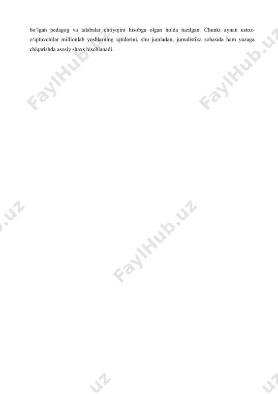 nazarda tutgan holda insonlar qaror qabul qilishida muhim vosita sifatida tan olingan. bundan tashqari, ular hokimiyat o‘z faoliyati xususidagi haqiqatni bilishida, aholi bilan muloqotni qo‘llab-quvvatlashida va bu orqali belgilangan maqsadlar tomon borishida kuchli vosita rolini o‘ynaydi. ommaviy kommunikatsiya va axborot kanallari insonning hayoti davomida bilim olishga katta ta’sir ko‘rsatadi, shuning uchun ham nafaqat bo‘lajak jurnalistlar, balki barcha fuqarolar ham media va boshqa axborot xizmatlari (kutubxonalar, arxivlar, internet va boshq.) qay tarzda ishlashi va ularni qay tarzda to‘g‘ri baholash lozimligini bilishi zarur. media va axborot savodxonligining vazifasi esa aynan ushbu bilimlarni foydalanuvchilarga yetkazib berishdan iboratdir. media va axborot savodxonligi o‘zida quyidagi asosiy tushunchalarni qamrab oladi: (a) demokratiya an’analarida rivojlanayotgan jamiyatda media, kutubxona, arxiv va boshqa axborot xizmatlarining funksiyalari; (b) oav va axborot xizmatlari mazkur funksiyalarni samarali ravishda amalga oshirishi uchun shart-sharoitlar; shuningdek, (v) taqdim etilayotgan kontent va xizmatlar vositasida mazkur funksiyalarni bajarilish sifatini baholash usullari. mazkur tushunchalar, o‘z navbatida, foydalanuvchilarga kommunikatsiya …