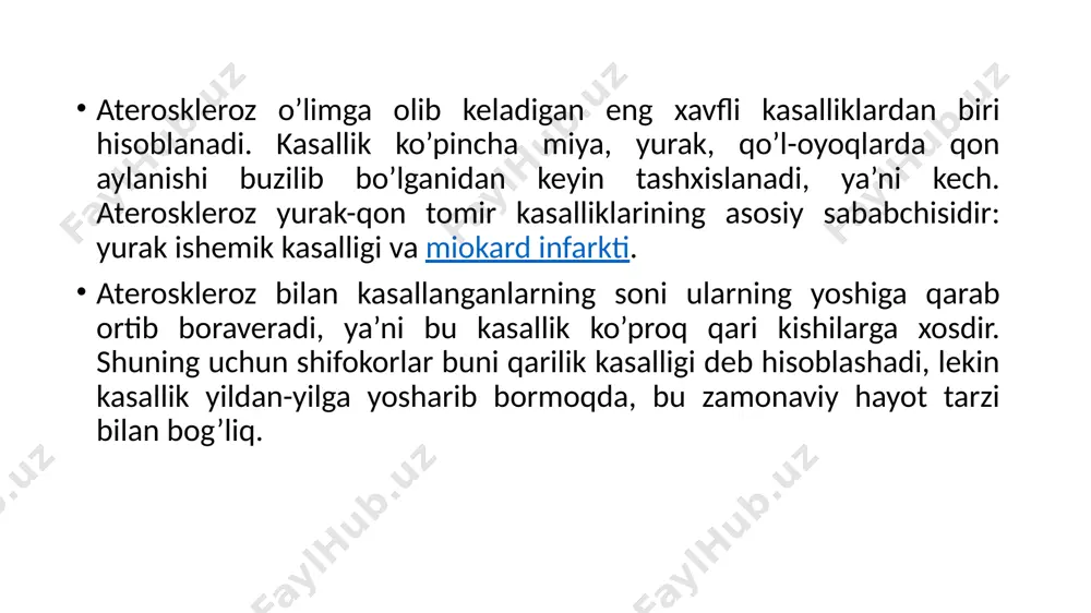 o’qimalar degeneratsiyasi (yog’ qatlamining ingichkalashi, tuklarining to’kilishi); oyoq-qo’llarda og’riq. oyoqlarning arteriyalarida shikastlanish mavjud holatlarida «davriy cho’loqlanish» kuzatiladi. og’riqlar son, dumba va kichik boldirlarda kuzatiladi va paroksismal xususiyatga ega bo’lib, natijada bemor cho’loqlanib qoladi; oyoqlarda yaralar paydo bo’lishi (to’qimalarning oziqlanishi yetishmasligi bilan bog’liq bo’lgan trofik yaralar); oyoq yoki qo’llardagi barmoqlarning qizarishi, doimiy shishlar rivojlanishi; to’qimalarning nekrozi (gangrena). ateroskleroz uchun quyidagi xavf omillari ajratiladi: jins. erkaklar ateroskleroz rivojlanishiga ayollarga nisbatan ko’proq moyil bo’lishadi. ushbu patologiyaning dastlabki belgilari 45 yoshda, hatto undan ham oldin boshlanishi, ayollarda esa 55 yoshdan keyin kuzatilishi mumkin. ehtimol, bu xolesterin va zichligi past va juda past lipoproteidlar almashinuvida estrogenlarning faol ishtiroki etishi bilan bog’liq bo’lishi mumkin; yosh. bu tabiiy xavf omilidir. yosh o’tishi bilan aterosklerotik jarayonlar kuchayadi; irsiyat. albatta, bu ham ateroskleroz paydo bo’lishining sabablaridan biridir. aterosklerozga sabab bo’luvchi omillar ko’p qirralidir. shuning uchun gormonal fon darajasi, irsiy dislipoproteinemiya (plazma lipid profilining buzilishi), immun tizimining faoliyati aterosklerozning rivojlanishini …