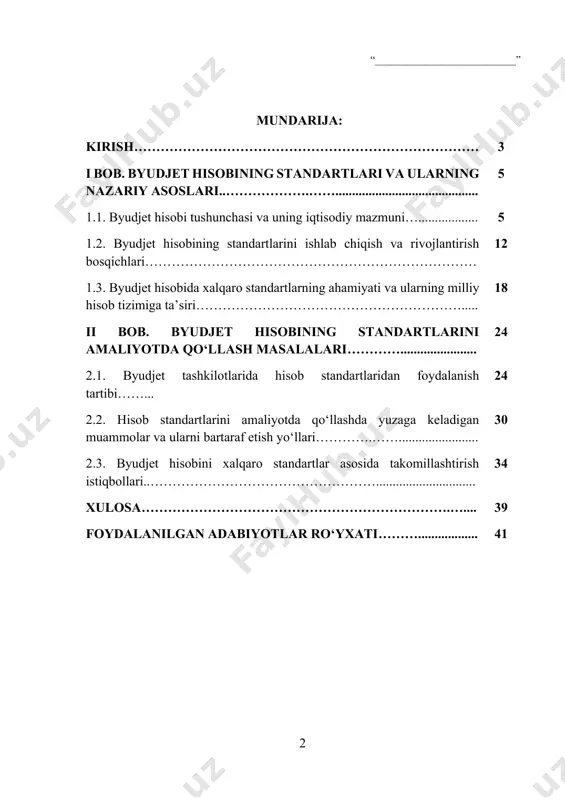 ritishning standartlashtirilishi davlat mablag‘larining maqsadli ishlatilishini ta’minlash, moliyaviy shaffoflikni oshirish hamda resurslardan samarali foydalanish imkoniyatini beradi. shu bois byudjet hisobi standartlarini ishlab chiqish va ularni amaliyotga tatbiq etish dolzarb masala sifatida e’tirof etilmoqda. bugungi kunda mamlakatimizda byudjet hisobi tizimi bosqichma-bosqich xalqaro talablar asosida takomillashtirib borilmoqda. bu jarayon xalqaro moliyaviy hisobot standartlari (xmhs) va ularning milliy hisob tizimiga integratsiyasini taqozo qiladi. natijada byudjet tashkilotlari faoliyati haqida to‘liq, haqqoniy va taqqoslanadigan ma’lumotlarni shakllantirish imkoniyati yaratiladi. shuningdek, hisobning yagona standartlari moliyaviy nazorat organlari, donor tashkilotlar va keng jamoatchilikka aniq axborot yetkazishda muhim ahamiyat kasb etadi. kurs ishining dolzarbligi - mamlakatimizda davlat moliyaviy tizimini isloh qilish va uni xalqaro andozalar darajasiga olib chiqish bugungi kunning eng dolzarb vazifalaridan biridir. ayniqsa, byudjet tashkilotlarida buxgalteriya hisobi va hisobotining shaffofligini ta’minlash, resurslardan oqilona foydalanishni tashkil qilish va davlat mablag‘larining maqsadli sarflanishini nazorat qilish uchun byudjet hisobi standartlarini ishlab chiqish va ularni amaliyotga joriy etish zarur. byudjet hisobining …