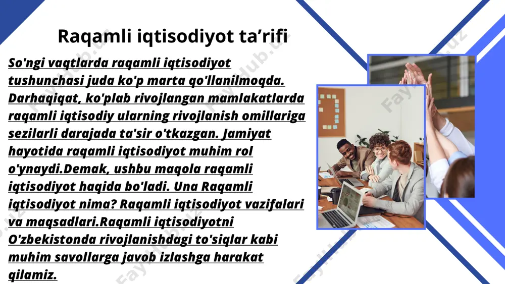 qamli infratuzilmaga ham sarmoya kiritmoqda, 5g tarmoqlarini yoyish va narsalar internetini ilgari surish rejalari.janubiy koreya: janubiy koreya yuqori darajada rivojlangan raqamli iqtisodiyotga ega, samsung va lg kabi kompaniyalar global elektronika sanoatida hukmronlik qilmoqda. koreya hukumati blokcheyn va kiberxavfsizlik kabi sohalarda innovatsiyalarni faol ravishda ilgari surmoqda va “to‘rtinchi sanoat inqilobi”da yetakchi bo‘lish uchun ulkan rejalarga ega. pricing package network solution wireless terrestrial broadband provider telecom value added service routine checks for one year service adjustment in the sixth month full service 7000 / year full access to two of our main services routine checks for six months service adjustment in the sixth month full service 6000 / year pick one of our services routine checks for six months service adjustment in the sixth month individual service 5000 / year thank you! image1.png image2.svg image3.png image4.svg image5.jpeg image6.jpeg image7.jpeg image8.jpeg image9.jpeg image10.jpeg image11.png image12.svg image13.jpeg image14.jpeg image15.png image16.svg /docprops/thumbnail.jpeg