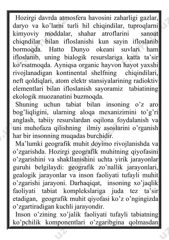 ondasht va tog’tabiat ko’mplekslarining qiyofasi keskin o’zgartirildi. tabiiy ko’mpleks o’rnini qayta shakillangan antropagen lanshaftlar egalladi. quruq va issiq iqlim zo’nalari sharoyitida, jumladan o’rta osiyo va o’zbekistonda voha landshaftlari vujudga keldi. antropagen tabiat ko’mplekslari hamma geogrfik zonalarda, tog’li o’lkalarda uchraydi va ular turli hil zo’na sharoyitida vujudga keladi. har bir zo’na o’zining antropogen yig’indisiga ega. antropogen ko’mplekslarning tabiiy sharoyiti o’ziga xos xususiyatlarga ega bo’lsa – da, ular qaysi zo’na hududida joylashgan bo’lsa, shu zo’naning tabiiy sharoyiti bilan bog’liq holda rivojlanadi va tabiiy qonuniyatlar asosida tarraqiy etadi. ular o’zining xo’jalikda foydalanishga ko’ra ikki turga bo’linadi: madaniy va madaniy bo’lmagan ko’mplekslar. binobarin, yuqorida aytilganlarga asoslanib, antropogen ko’mpleks mohiyatini quyidagich tariflash mumkin. antropagen ko’mpleks deb yer yuzasining tubdan o’zgartirilgan va inson faoliyati tufayli shakilangan hamda kelib chiqish nuqtayi nazaridan tabiiy ko’mpleks kabi mustaqil genetic qatorga ega bo’lgan geografik ko’mpleksga aytiladi. geografik qobiqning bir butunligi tabiatda oqilona foydalanishni va uni muhofaza qilishni talab etadi. fan …