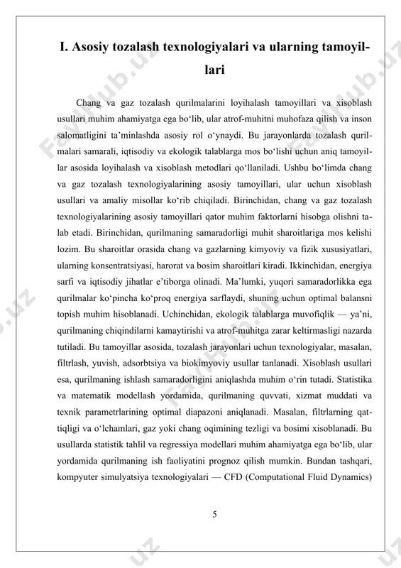 materialining xususiyatlari va energiya sarfi matematik modellar bilan aniqlanadi. bu model yordamida qurilmaning ishlash ko‘rsatkichlari, quvvat va xizmat muddati ehtimollik asosida hisoblanadi. matematik modellash jarayonida turli xil ehtimollik nazariyasi va differensial tenglamalar qo‘llanadi, bu esa qurilmaning muhit sharoitlariga moslashuvchanligini ta’minlaydi. ularning yordamida, ishlab chiqilayotgan qurilmaning texnik imkoniyatlari va iqtisodiy samaradorligi baholanadi, shuningdek, optimal dizayn variantlari tanlanadi. simulyatsiya tahlili esa, real hayotiy jarayonlarni kompyuter dasturlari yordamida virtual muhitda takrorlash imkonini beradi. bu usulda, qurilmaning ishlash jarayoni kompyuter modellari yordamida dasturlash bilan amalga oshiriladi. simulyatsiya texnologiyalari yordamida, muhit sharoitlarining o‘zgarishi, qurilmaning turli modifikatsiyalari va ehtimollik xatoliklari ko‘rsatiladi. bunday yondashuv qurilmaning haqiqiy ishlash natijalarini oldindan ko‘rsatib, muammolarni aniqlash va ularni hal qilishda katta yordam beradi. masalan, gaz va chang tozalash qurilmasining energiya sarfi, filtrlarning ishlash muddati, texnologik jarayonlarning samaradorligi va xavfsizlik choralari simulyatsiya yordamida aniqlanadi. bu usul loyiha ishlab chiqishda, ayniqsa, turli variantlarni taqqoslash va eng optimalini tanlash uchun keng qo‘llaniladi. simulyatsiya shuningdek, …
