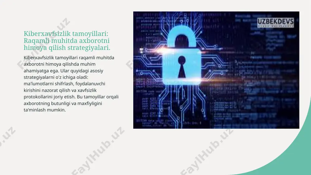 , xavf-xatarlarni kamaytiradi. axborot xavfsizligi bo'yicha xalqaro standartlar va ularning ahamiyati. 1 xalqaro standartlar axborot xavfsizligi bo'yicha xalqaro standartlar, masalan, iso 27001, tashkilotlarga ma'lumotlarni himoya qilishda bir xil talablar va amaliyotlarni taqdim etadi. 2 standartlarning ahamiyati ushbu standartlar tashkilotlarga xavfsizlikning eng yaxshi amaliyotlarini joriy etish imkonini beradi, natijada ma'lumotlarning yaxlitligi va maxfiyligi oshadi. 3 xalqaro hamkorlik xalqaro standartlarga rioya qilish, tashkilotlar o'rtasida ishonchni mustahkamlash va global xavfsizlik muammolariga qarshi birgalikda kurashishga yordam beradi. xulosa 01 axborotni himoya qilishning ahamiyati axborotni himoya qilish, ma'lumotlar integriteti va maxfiylikni ta'minlash uchun zarur. kiberxavfsizlik tamoyillari ushbu jarayonda muhim rol o'ynaydi. 02 zamonaviy texnologiyalar va usullar ma'lumotlarni himoya qilishda zamonaviy texnologiyalar, shifrlash va kirish nazorati tizimlari muhim ahamiyatga ega. ular xavfsizlikni kuchaytiradi va ma'lumotlar xavfini kamaytiradi. 03 kiberxavfsizlikda inson omili kiberxavfsizlikda inson omili e'tibordan chetda qolmasligi kerak. xodimlarning ta'limi va xabardorligi, xavfsizlik protokollariga rioya qilishda muhim ahamiyatga ega. e'tiboringiz uchun rahmat! image1.jpeg image2.jpeg image3.jpeg /docprops/thumbnail.jpeg