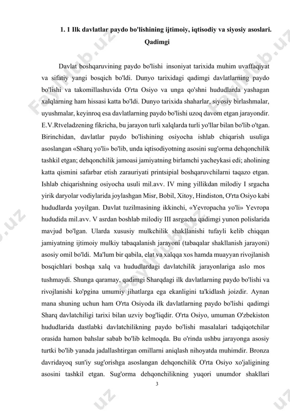 n bahslar sabab bo'lib kelmoqda. bu o'rinda ushbu jarayonga asosiy turtki bo'lib yanada jadallashtirgan omillarni aniqlash nihoyatda muhimdir. bronza davridayoq sun'iy sug'orishga asoslangan dehqonchilik o'rta osiyo xo'jaligining asosini tashkil etgan. sug'orma dehqonchilikning yuqori unumdor shakllari jamiyatda hal qiluvchi o'zgarishlarga olib keldi. xususan, dehqonchilik rivoji natijasida qo'shimcha mahsulot va hususiy mulk ko'rinishlari paydo bo'ldi. o'rta osiyoda ilk davlat uyushmalari sun'yi sug'orish birlamchi qulay bo'lgan amudaryo (yuqori, o'rta, quyi) oqimlari bo'ylarida, murg'ob vohasida, zarafshon va qashqadaryo vohalarida shakllanib rivojlanadi. bunday holatni dunyo tarixidagi dastlabki davlatlar – misr (nil) va mesopotamiya (dojla va frot) misolida ham kuzatishimiz mumkin. yuqorida ta'kidlaganimizdek, dastlabki yirik shahar markazlarining paydo bo'lish muammolari davlatlar paydo bo'lishi masalalari bilan uzviy bog'liq muammo hisoblanadi. ta'kidlash joizki, bizga qadar yetib kelgan yozma manbalar o'rta osiyo hududlarida ilk davlatlar paydo bo'lishi haqida nisbatan aniq ma'lumotlar bermaydi. bu o'rinda arxeologik ma'lumotlarning ahamiyati beqiyosdir. jamiyat hayotida metallning keng yoyilishi – dastlabki shaharlar va davlatchilikning asosiy …