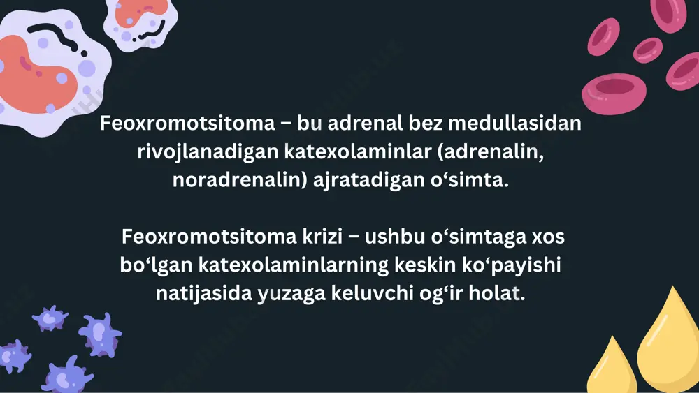 alektomiya : butun buyrak usti bezini olib tashlash texnikalar laparoskopik rezektsiya : ko'pchilik o'smalar uchun afzaldir ochiq rezektsiya: kattalar uchun afzal( > 6 sm ) yoki invaziv o'smalar operatsiyadan oldingi boshqaruv operatsiyadan oldin qon bosimivayurak urish tezligini boshqarish kerak. farmakoterapiya: alfa-adrenergik blokadadan boshlash kerak selektiv bo'lmagan qaytarilmas: fenoksibenzamin yoki selektiv alfa-1 bloker: doksazosin taxikardiyani nazorat qilish uchun samarali alfa blokadasidan keyin beta-bloker qo'shish kerak: metoprolol yoki propranolol nofarmakologik davolash : operatsiyadan keyingi hipotansiyonun oldini olish uchun yuqori natriy va suyuqlik iste'mol qilishni ta'minlang . thank you for attention the end