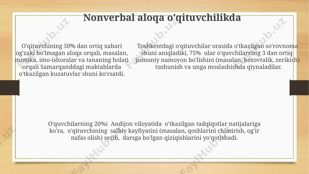 loqot qilishni afzal ko'rishadi, bu esa no rasmiy aloqa usullarining ta'lim jarayoniga integratsiyasi haqida fikr beradi. o'zbekistonning 2023-yilgi ta'lim islohotlari natijasida, 50% ga yaqin o'qituvchilar onlayn ta'lim platformalaridan, masalan, edmodo yoki zoom orqali faol foydalanishni boshladilar, bu esa o'qituvchi-o'quvchi munosabatlariga yangi texnologiyalar orqali ta'sir ko'rsatmoqda. psixologiya va o'qituvchilik kasbi o'zbekistonning 2022-yilgi ta'lim sohasidagi statistikasi shuni ko'rsatadiki, o'qituvchilarning 70% psixologik tayyorgarlik darajasi yetarli emasligini, natijada o'quvchilar bilan muloqotda qiyinchiliklarga duch kelishini bildiradi. samarqand davlat universitetida o'tkazilgan tadqiqotlarga ko'ra, 35% o'qituvchi o'quvchilarning individual psixologik xususiyatlarini inobatga olmay, standartlashtirilgan yondashuvni qo'llaydi, bu o'quv jarayonining samaradorligiga salbiy ta'sir qiladi. toshkent shahridagi 5 ta maktabda olib borilgan kuzatishlar shuni ko'rsatdiki, emotsional intellekt darajasi yuqori bo'lgan o'qituvchilarning o'quvchilar bilan muloqotida muvaffaqiyat darajasi 20% ga yuqori bo'ladi. konfliktlarni hal qilish va muloqot o‘qituvchilarning 70% dan ortig‘i samarqanddagi ta’lim muassasalarida konfliktlarni hal qilishda muloqotning 3 bosqichli modelini qo‘llamasligini tadqiqotlar ko‘rsatmoqda. andijon viloyati maktablarida 2022 yilda o‘tkazilgan treninglar natijasida …