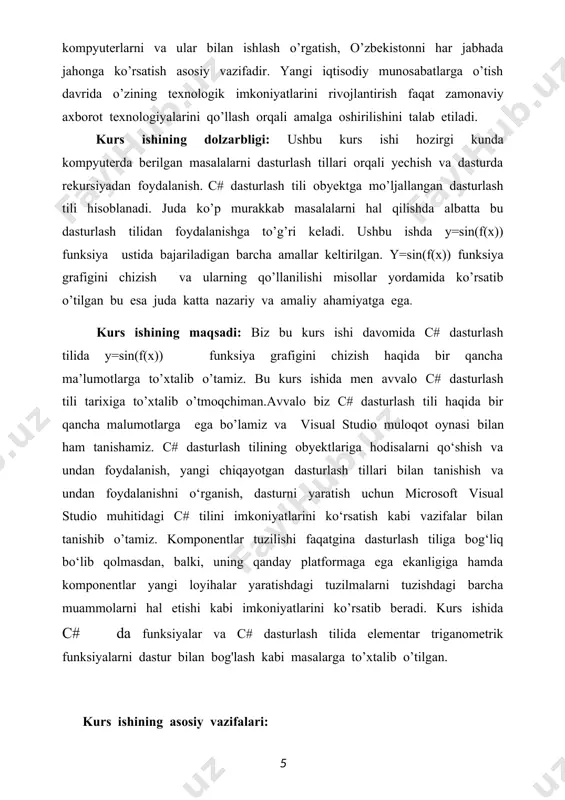 qarish haqida buyruqlar berishdir. ushbu kurs ishida qanday dasturlash tillari borligi, eng keng tarqalgan dasturlash tillari va ularning farqi, hamda dasturlashni o'rganish yo'llari haqida suhbatlashamiz. kompyuter dunyosida ko'plab dasturlash tillari mavjud bo'lib, dasturlash va unga qiziquvchilar soni ortib bormoqda. bir xil turdagi ishni bajaradigan dasturlarni basic, pascal, c# va boshqa tillarda yozish mumkin. pascal, fortran va kobol tillari universal tillar hisoblanadi, c# va assembler tillari mashina tiliga ancha yaqin tillar bo'lib, quyi yoki o'rta darajali tillardir. hozirda amaliy dasturlar, asosan, visual c++, c#, borland delphi, borland c++, java, phyhon kabi tillarda tuziladi. c# dasturi 90-yillarning oxirida ishlab chiqilib, microsoft. net ning bir qismiga aylandi. al`fa versiya sifatida 2000 yildan boshlab ishlatila boshladi. c # bosh arxitektori butun dunyo dasturchilari ichida birinchilar qatorida turgan va butun dunyo tomonidan tan olingan anders hejlsberg bo`ldi. uning 1980 yillarda chiqarilgan turbo paskal dasturi orqali ham tanishimiz mumkin. ko'p ishlatiladigan dasturlash tillariga biz hozir biladigan …