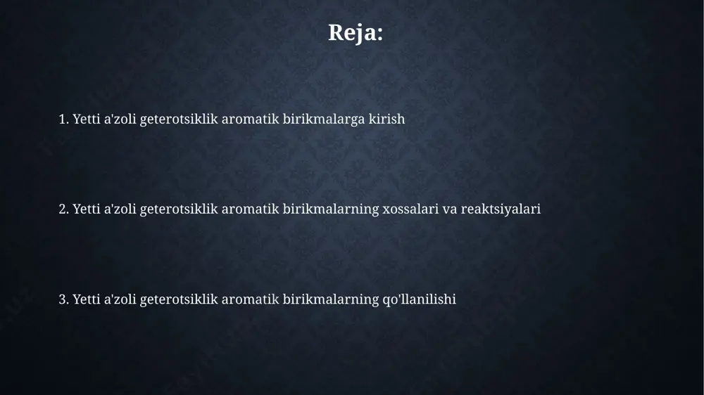 ar qo'shaloq bog'lanishlarning turli xil tarqalishi tufayli bir necha izomer shakllarida mavjud bo'lishi mumkin. yetti a'zoli geterotsiklik aromatik birikmalar orasida benzotroponlar kabi benzoqushilgan tizimlar 7 ta halqa atomi bilan birga 6 ta uglerod va 1 ta kislorod atomini o'z ichiga olishi mumkin. yetti a`zoli geterotsiklik birikmalarning qo`llanilishi ba`zi yetti a`zoli geterotsiklik birikmalar, o`zgartirilgan tuzilishiga qarab, 5-10% gacha bo`lgan hosildorlik bilan fotosintez jarayonlarini kataliz qila oladi. yetti a`zoli geterotsiklik birikmalar, masalan, azepinlar, 100 dan ortiq farmatsevtik preparatlarning, shu jumladan, antidepresant va antikonvulsantlarning tarkibiga kiradi. oksasepinlar: kimyoviy xossalari oksepinlarning reaktivligi, masalan, elektrofil almashinish reaksiyalari tezligi, halqaning aromatiklik darajasiga va almashinuvchilarning elektron ta'siriga bog'liq holda o'zgaradi, ba'zi hollarda 7-a'zoli halqaning ochilishi mumkin. oksepinlar 7-a'zoli geterotsiklik birikmalar bo'lib, kislorod atomi halqaning tarkibiga kiradi va ularning aromatikligi 4π elektronlar tizimi bilan ta'minlanadi. yetti a`zoli geterotsiklik birikmalarning nomenklaturasi 7-a'zoli geterotsikllarda, azot, kislorod va oltingugurt kabi geteroatomlarning holati raqamlash orqali aniqlanadi, 1-holat esa eng yuqori darajadagi o'rinbosar …