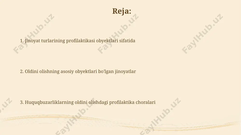 bo'yicha profilaktik chora-tadbirlarni amalga oshirish muhim ahamiyatga ega. uyushgan jinoyatchilik va uni oldini olish uyushgan jinoyat guruhlari o'z faoliyatlarini diversifikatsiya qilish orqali – giyohvand moddalar savdosi, qurol-yarog' sotish va qimmatbaho buyumlarni o'g'irlash kabi 3-4 ta asosiy yo'nalishda ish olib borishadi. 2023-yil statistikasiga ko'ra, uyushgan jinoyatchilikka qarshi kurashda texnologik vositalardan foydalanish 15% ga jinoyatlarning aniqlanish darajasini oshirgan. voyaga yetmaganlar orasida jinoyatchilik va uning oldini olish voyaga yetmaganlarning jinoyatchilikka jalb etilishining asosiy sabablari qatoriga 15-17 yosh oralig'ida do'stlarning salbiy ta'siri va oiladagi muammolar kiradi, shuning uchun ularni aniqlash va bartaraf etishga qaratilgan kompleks yondashuv muhim. voyaga yetmaganlar orasida giyohvand moddalar iste'moli va o'g'irlik kabi jinoyatlarning 30% ga yaqini qashshoqlik va ijtimoiy adolatsizlik bilan bog'liq bo'lib, ularning oldini olish uchun iqtisodiy imkoniyatlarni kengaytirish zarur. korrupsiya va uning oldini olish korrupsiya bilan kurashish bo'yicha xalqaro indekslar o'zbekistonning reytingini yaxshilash uchun, huquqiy islohotlar va shaffoflikni oshirish bo'yicha aniq 5 yillik strategiya zarur. korrupsion jinoyatlarning taxminan …