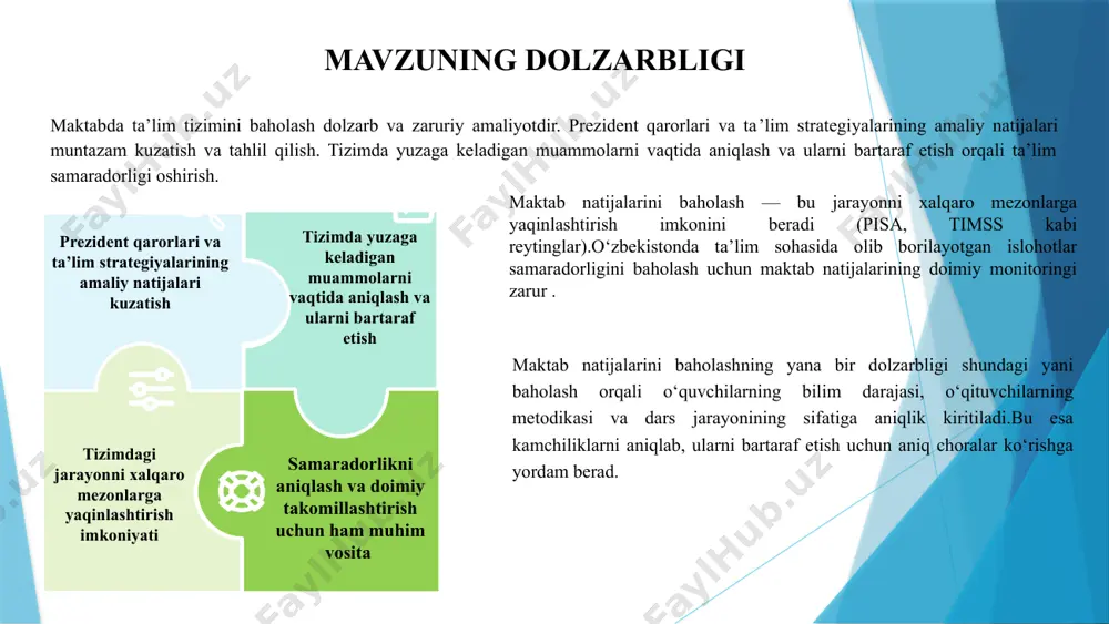 osiy tahlil № amaldagi holat (o‘zbekistonda) amaldagi holat (xorijda) taklif 1 umumta’lim maktblarining natijalarini baholash tartibi yozma, test shaklida, so’rovnoma shaklida o‘tkaziladi buyuk britaniyada maktabni baholash tizimi onlayn tarzda test shaklida shaffof olinadi har chorakda belgilangan yo֥‘nalishlar bo‘yicha onlayn platforma orqali maktab faoliyatini baholashda, shaffoflikka erishishiladi, inson omili ishtirok etmaydi. 2 natijani baholashning asosiy maqsadi ko‘proq hisobot yuritishga qaratiladi. janubiy koreyada o‘quvchilarni o‘zlashtirishi bilan cheklangan, hisosbotga qaratilmaydi. maktab faoliyatini baholash uchun platforma yaratish, barcha ko‘rsatgichlarni onlayn olish imkonini berish. platformada bajarilgan ishlarni har bir o‘quvchi va umumiy maktab, ota-onalar ko‘rish imkoniyatini yaratish. 3 xavf xatar tahliliga asoslangan monitoring har yili o‘tkazilishi belgilangan , shuningdek attestatsiya va milliy reyting tizimi ham mavjud sinov natijalari asosida maktablar reytingi va ta‘lim sifatining tahlili o‘tkaziladi. maktablar muntazam ravishda davlat nazoratida kuzatiladi va baholanadi. baholash natijalarini doimiy tahlilini yuritish. natijani reyting indikatoriga muntazam amalga oshirish . qiyosiy tahlil 9 xulosa maktab natijalarini baholash doimiy va …