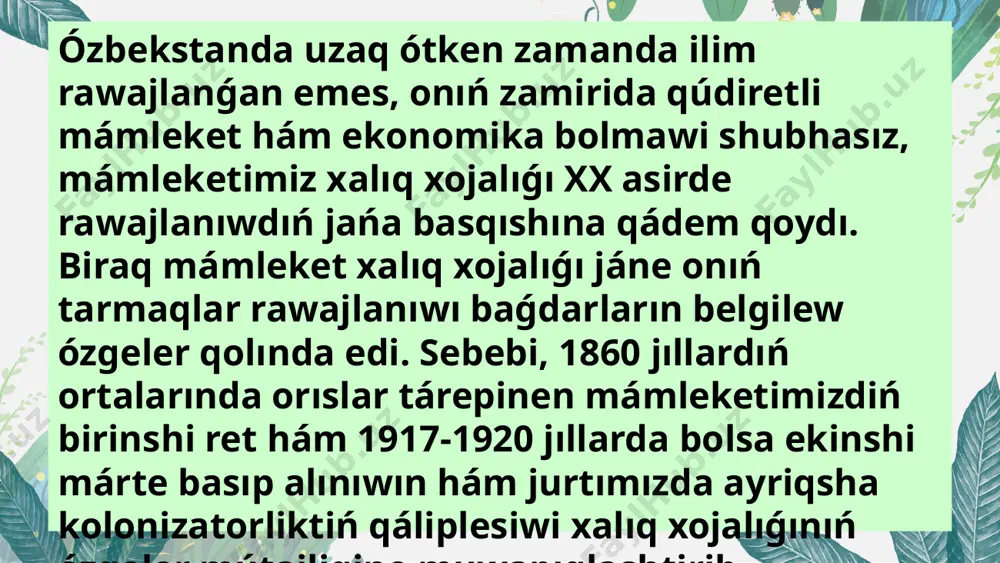dı. bazar ekonomikasınıń birinshi basqıshınan baslap (1991-1994) ekonomikalıq reformalarǵa tiyisli nızamlar qabıllandı, onıń huqıqıy negizi jaratıldı. reformalar turmıstıń barlıq iskerlik tarawıların qamtıp aldı. 1995 jıldan baslap ózbekstan jámiyeti reformalawdıń ekinshi basqıshına qádem qoydı. subtitle teaching strategy lorem ipsum dolor sit amet, consectetuer adipiscing elit. aenean commodo ligula eget dolor. subtitle lorem ipsum dolor sit amet, consectetuer adipiscing elit. aenean commodo ligula eget dolor. subtitle lorem ipsum dolor sit amet, consectetuer adipiscing elit. aenean commodo ligula eget dolor. subtitle subtitle teaching analysis subtitle lorem ipsum dolor sit amet, consectetuer adipiscing elit. aenean commodo ligula eget dolor. aenean massa. lorem ipsum dolor sit amet, consectetuer adipiscing elit. aenean commodo ligula eget dolor. aenean massa. lorem ipsum dolor sit amet, consectetuer adipiscing elit. aenean commodo ligula eget dolor. aenean massa. mámlekettiń sanaatı rawajlandırıwda sol kózqarastan qaraytuǵın bolsaq onıń perspektivasın kóriw qıyın emes. mámleketimiz jer ústi hám jer astı baylıqları rezervlarining kóp hám túrli-tumanlıǵı, …