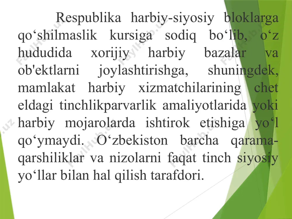 yosiy va iqtisodiy faoliyatni tartibga soluvchi mamlakatimiz qonunlari va boshqa huquqiy hujjatlar, davlatimiz tomonidan qabul qilingan xalqaro shartnomalar mukammal ravishda inventarizatsiya qilindi. tashqi siyosiy faoliyat konsepsiyasi milliy xavfsizligimizni yanada mustahkamlash, barqaror taraqqiyotni ta’minlash, iqtisodiy o‘sishning yuqori ko‘rsatkichlarini saqlab qolish, yurtimizda ijtimoiy yo‘naltirilgan bozor iqtisodiyotiga hamda fuqarolik jamiyatiga asoslangan ochiq demokratik davlat qurish vazifalarini amalga oshirishni davom ettirish uchun imkon qadar qulay tashqi sharoitlarni yaratish talablariga javob beradi. o‘zbekiston respublikasining tashqi siyosiy faoliyati konsepsiyasi – davlatimiz tashqi siyosatining fundamental prinsiplari va strategik ustuvor yo‘nalishlarini, xalqaro maydondagi maqsad va vazifalarini, o‘rta va uzoq istiqbolda o‘zbekiston milliy manfaatlarini ilgari surish mexanizmlarini belgilab beradigan qarashlarning yaxlit tizimi. konsepsiya “umumiy qoidalar” to‘rtta bo‘limdan iborat: i. “hozirgi zamon xalqaro munosabatlar tizimida yuz berayotgan o‘zgarishlarni o‘zbekiston manfaatlari nuqtai nazaridan baholash”; ii. “o‘zbekiston respublikasi tashqi siyosatining asosiy maqsadi, prinsiplari va vazifalari”; iii. “o‘zbekiston respublikasi tashqi siyosatining ustuvor yo‘nalishlari”; iv. “o‘zbekiston respublikasi tashqi siyosatini shakllantirish va amalga oshirish mexanizmlari”. …