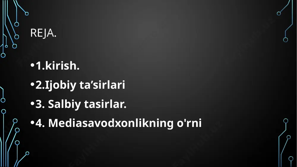 vakillari bilan muloqot qilish imkonini beradi, bu esa madaniy ko‘nikmalarni oshiradi. salbiy ta'sirlar 1. sog'liq muammolariuzoq vaqt o‘yin o‘ynash turli sog‘liq muammolariga olib kelishi mumkin. masalan, ko‘z charchashi, bel va bo‘yinning og‘rishi, hamda noto‘g‘ri o‘tirish tufayli orqa muammolari yuzaga keladi. shuningdek, kechiktirilgan uyqu va yetarli dam olishning yo‘qligi uyqu buzilishlariga olib kelishi mumkin, bu esa umumiy sog‘liq holatini yomonlashtiradi.2. ijtimoiy izolyatsiyavirtual o‘yinlarga haddan tashqari bog‘lanish yoshlarni real hayotdagi muloqotdan uzoqlashtirishi mumkin. bu esa yolg‘izlik hissi va depressiyaga olib kelishi mumkin. haqiqiy ijtimoiy muloqotning yo‘qligi yoshlarning kommunikatsion ko‘nikmalarini susaytirishi mumkin. 3. zo'ravonlikning ko'payishizo‘ravonlik sahnalarini o‘z ichiga olgan o‘yinlar yoshlar orasida agressiv xatti-harakatlarni rag‘batlantirishi mumkin. masalan, "grand theft auto" yoki "call of duty" kabi o‘yinlar zo‘ravonlik sahnalari bilan to‘la bo‘lib, yoshlar ongida zo‘ravonlikka nisbatan bag‘rikenglikni oshirishi va kundalik hayotda agressiv xatti-harakatlar ko‘rsatish ehtimolini oshirishi mumkin. mediasavodxonlikning ahamiyati 1. tanqidiy fikrlashmediasavodxonlik yoshlarni virtual o‘yinlarning mazmunini tanqidiy baholashga o‘rgatadi. bu esa ularning o‘yinlarda ko‘rsatilgan …