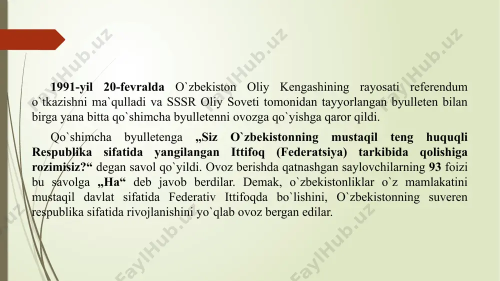bida jahon andozalariga mos keladigan davlat qurish, siyosiy, ijtimoiy va iqtisodiy sohada tub islohotlarni amalga oshirish, ularni qonun bilan mustahkamlaydigan huquqiy tizimni vujudga keltirish vazifasi turar edi. chunki sobiq sotsialistik tuzumga xos ijtimoiy munosabatlar va jarayonlar endilikda respublikada barpo qilinajak yangi jamiyat manfaatlariga mos kelmas edi, mulkchilik, mulkka egalik qilish va uni boshqarish, ishlab chiqarish omillari, bozor mexanizmi, davlatning ijtimoiy-iqtisodiy hayotini normal izga solish ana shunday jiddiy yangilanishlarni taqozo etar edi. shuni ham aytish kerakki, jahonda hamma mamlakatbop ijtimoiy-iqtisodiy rivojianishning tamoyillari, barcha uchun taysiya etish lozim bo`lgan tayyor andozalari hech qachon bo`lmagan va bo`lmaydi ham. shu bilan birga rivojlanishning madaniy, ma`rifiy, tarixiy jihatdan asrlar rnobaynida shakllangan an`analari mavjud bo`lgan o`zbekistonday qadimiy makonda o`ziga xos yo`l tanlash uchun ancha-muncha izlanish lozim edi. biroq, vaqtni boy bermay, tezkorlik bilan ish tutish ham kerak edi. shuning uchun ham “mustaqil o`zbekiston tug`ilgan kuniyoq oyoqqa turishga, yurishga majbur edi”. yana shuni ta`kidlab darkorki, o`zbekision o`z …