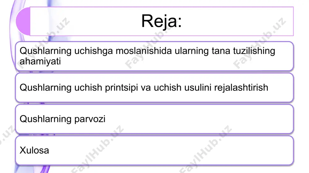 am uchi; 2 – birinchi уа ikkinchi tartib o’siqchalar; 3 – o’zak. qushlarning harakatchanligi ulardagi muskullarning jadal ishlashi, bu ishdakatta energiya sarflanishi bilan bog`liq qushlarning evolyutsiyasi boshdan hozirgacha uchishga moslanishlarni, kshpaytirish, taksonomlashtirish tomon davom etib kelmoqda. asosiy biologik va anatomik belgilarning paydo bo’lishi ham, ularning keying rivojlanishi ham harakatchanlikni avj oldirish. harakatlanish imkoniyatlarini yaxshilash yo’lidan borgan. buni qazilma holda topilgan, o’rganilgan materiallar ham tasdiqlaydi. paleontologik materiallarning guvohlik berishiga ko’ra qushlarning ajdodlari evolyutsion rivojlanishning muayyan bosqichida quruqlikda yuguruvchi reptiliyalar bo’lgan. shunday qilib qushlar sinfi bugungi kunda dunyo miqyosida 8600 turni o’ziga birlashtiradi. bular orasida gigantlar-tuyaqushlardan tortib to mittikarlik turlar – kolibrlar mavjud. ayrim hisoblar natijalariga qaraganda, yer sharida yashayotgan qushlarning umumiy soni 100 mlrd ga yaqin. qushlarning uchish printsipi va uchish usulini rejalashtirish qush qanotining printsiplarini tushunish uchun siz aerodinamikada maktab kursini eslashingiz kerak bo'ladi. ushbu fanning asosiy postulatlari o'qilgan: samolyot qanoti ostida ko'tarilish hosil bo'lishi uchun havo bosimi va qanot …