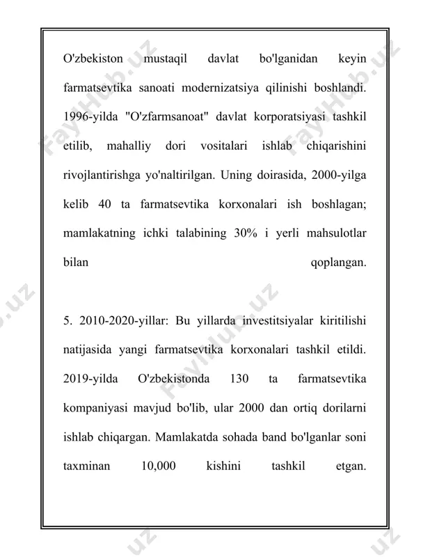 ariqasida, 2018-yilda ishlab chiqarish hajmi 300 million dona dorivor vositalar bo'lgan bo'lsa, 2021-yilda bu ko'rsatkich 500 million donaga yetdi. o'zbekiston respublikasida 200 dan ortiq farmatsevtika kompaniyasi mavjud bo'lib, ulardan 84 tasi mahalliy kapitalga ega va qolganlari xorijiy investitsiyalar asosida ishlaydi. import qilingan mahsulotlar asosan rossiya, hindiston, germaniya va xitoy kabi mamlakatlardan kirib keladi. ular tarkibida antibiotiklar, analgetiklar, vitaminlar va boshqa dorivor vositalar mavjud bo'lib, ushbu mahsulotlar farmatsevtika bozorining katta qismini tashkil qiladi. 2021-yilda o'zbekistonga import qilingan farmatsevtik mahsulotlar qiymati 700 million aqsh dollaridan oshgan. farmatsevtika sanoati rivojlanishida davlat tomonidan berilgan soliq imtiyozlari muhim o'rin tutadi. 2017-yildan boshlab, o'zbekistonda mahalliy farmatsevtika ishlab chiqaruvchilari uchun soliq imtiyozlari va bojxona bojlardan ozod etish amaliyoti joriy qilingan, bu esa yangi ishlab chiqarish korxonalarining tashkil etilishiga va samaradorlikni oshirishga turtki berdi. yana bir muhim jihat, o'zbekistondagi dori-darmonlar ishlab chiqarish sohasida mahalliy sifatni nazorat qilish tizimining takomillashtirilishi hisoblanadi. davlat tomonidan 2020-yilda qabul qilingan farmatsevtik mahsulotlar sifatini …