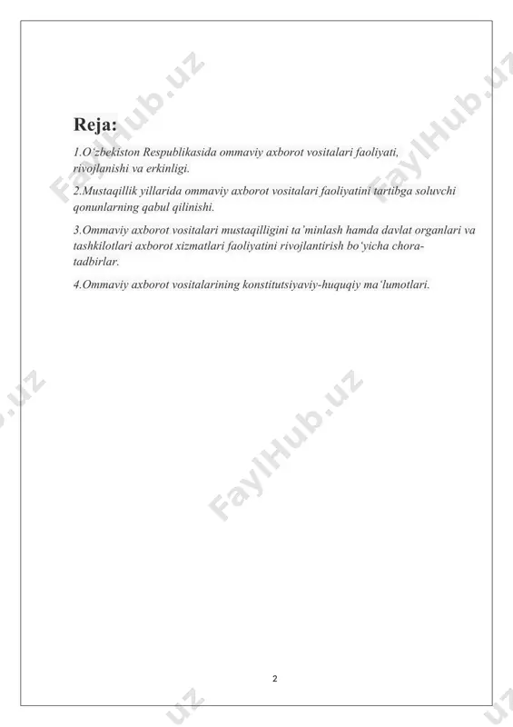 ntabr), "axborot olish kafolatlari va erkinligi to`g`risida"gi (1997 yil, aprel), "jurnalistlik faoliyatini himoya qilish to`g`risida"gi, (1997 yil, aprel ), "axborot erkinligi prinsiplari va kafolatlari to`g`risida"gi (2002 yil, dekabr) qonunlar hamda o`zbekiston respub-likasi prezidentining " o`zbekistonning ijtimoiy taraqqiyotida televideniye va radioning rolini oshirish chora-tadbirlari to`g`risida"gi (1996 yil may) farmoni va boshqa bir qator normativ-huquqiy hujjatlar shular jumlasidandir. shubhasiz, yaratilgan qonunlar davlat hamda nodavlat shakldagi, televideniye kanallari ishini tashkil qilish, shuningdek, jurnalistlarning professional jihatdan kamol topishiga keng ko`lamda yordam berish, matbuot va ommaviy axborot vositalari erkinligini ta'minlashda, jamiyatda demokratik muhitni qaror toptirishda katta ahamiyatga ega bo`lmoqda. «ommaviy axborot vositalari to`g`risida»gi qonunida ommaviy axborot vositalarining turlari ko`rsatilgan. ular gazetalar, jurnallar, axborotnomalar, bulletenlar, axborot agentliklari, televideniye (kabelli, efir-kabelli televideniye) va radioeshittirishlar, hujjatli kino, elektron axborot tizimi, shuningdek, doimiy nomga ega bo`lgan, davlat tasarrufidagi, mustaqil va boshqa ommaviy davriy nashrlar ommaviy axborot vositalaridir. ommaviy axborot vositalari – jamiyatni demokratlashtirish va fuqarolar erkinligini ta’minlashning muhim shartidir. …