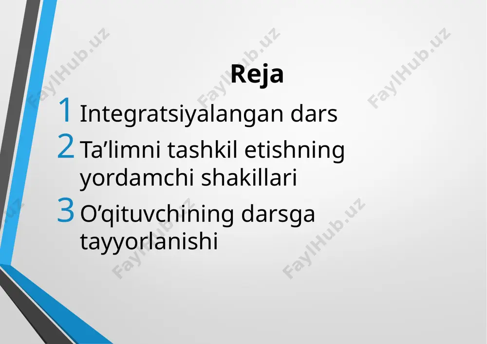 ’siri bilan bog‘liqdir. bundan tashqari, kommunikatsiya integrativ-pedagogik vazifalarni amalga oshirish vositasi sifatida maydonga chiqadi. xususan, bu pedagogikada integratsion jarayonlar rivojining ijtimoiy-pedagogik yo‘nalishiga tegishlidir. yana shuni ham 3)darsni tayyorlash va o‘tkazish. zamonaviy darsga quyilayotgan yuksak talablar o‘qituvchini har bir darsga juda va puxta o‘ylab tayyorlanishga majbur qiladi. har bir darsga puxta tayyorlanishning sababi o’quvchilar tarkibining o‘zgarayotganligi, akselerattsiya jarayonlarining kuchayuvi, informatsiyalarning “sel”dek oqib kelayotganligi, turli mafkuraviy poligonlarning paydo bo‘layotganligi, ish sharoitlarining ham o‘zgarayotganligi, ta’limda yangi innovatsion va axborot texnologiyalaridan keng foydalanilayotganligidadir. ammo, o‘qituvchining har bir alohida darsga tayyorlanish, uning o‘z o’quv ishiga tayyorlanish tizimining bir qismi, xolos. bu tizim: 1) o‘qituvchining o‘z predmeti bo‘yicha butun kurs yuzasidan tayyorlanishi; 2) o‘quv dasturining har bir mavzusiga tayyorlanish; 3) har bir darsga tayyorlanishni ichiga oladi. /docprops/thumbnail.jpeg