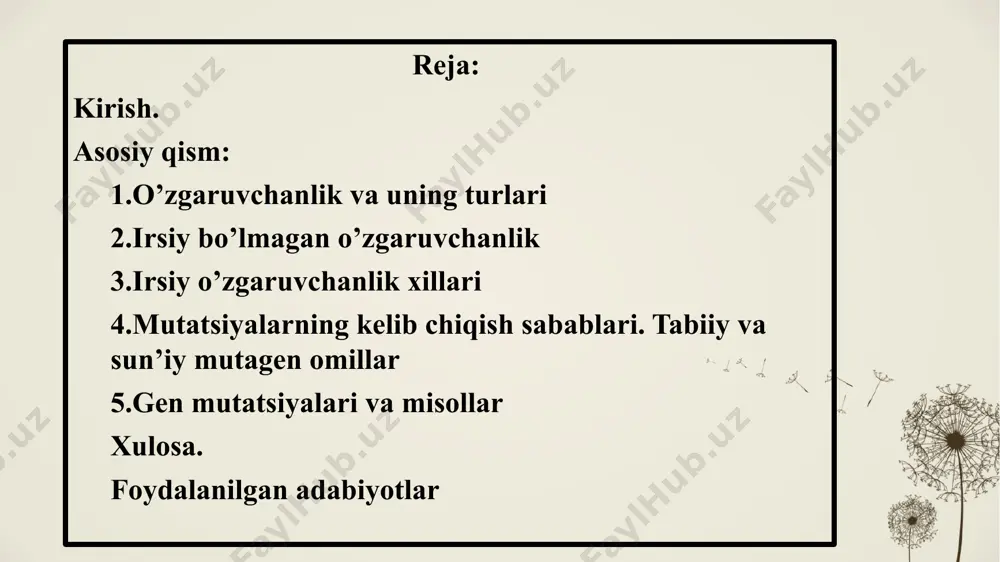 ipik o'zgarishlar. modifikatsiyaning o'zgaruvchanligi genotip bilan belgilanadi. o'zgartirishlar meros bo'lib o'tmaydi va mavsumiy va ekologikdir. irsiy bo'lmagan (modifikatsiya) o'zgaruvchanlik. ushbu turdagi o'zgaruvchanlik - bu genotipga ta'sir qilmaydigan tashqi muhit omillari ta'sirida yangi belgilarning paydo bo'lish jarayoni. binobarin, belgilarning paydo bo'lgan modifikatsiyalari - modifikatsiyalari meros bo'lib qolmaydi. ikkita bir xil (monozigot) egizaklar bir xil genotiplarga ega, ammo taqdirning irodasi bilan har xil sharoitlarda o'sib ulg'aygan holda bir-biridan juda farq qilishi mumkin. harorat ta'siri ostida muhit himoloy quyoni paltosining rangi o'zgaradi. bachadonda rivojlanayotgan embrion yuqori harorat sharoitida bo'lib, junni bo'yash uchun zarur bo'lgan fermentni yo'q qiladi, shuning uchun quyonlar butunlay oq rangda tug'iladi. tug'ilgandan ko'p o'tmay, tananing ba'zi chiqadigan qismlari (burun, quloq uchlari va quyruq) qoraya boshlaydi, chunki u erda harorat boshqa joylarga qaraganda past bo'ladi va ferment buzilmaydi. agar siz oq junli joyni yulib, terini sovutsangiz, bu joyda qora jun o'sadi. irsiy (genotipik) o'zgaruvchanlik. ushbu turdagi o'zgaruvchanlik genotipning o'zgarishi bilan bog'liq …