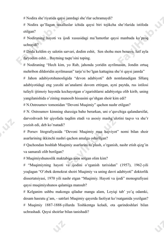 ng yaxshi an’analarni davom ettirgan, ayni paytda, rus istilosi tufayli ijtimoiy hayotda kechayotgan o’zgarishlarni adabiyotga olib kirib, uning yangilanishida o’zining munosib hissasini qo’shgan shoir kim edi? # n.ostroumov tomonidan “devoni muqimiy” qachon nashr etilgan? # n. ostroumov kimning shaxsiga baho berarkan, uni o’quvchiga qalandarsifat, darveshvash bir qiyofada taqdim etadi va asosiy mashg’ulotini taqvo va she’r yozish edi, deb ko’rsatadi? # porsev litografiyasida “devoni muqimiy maa hajviyot” nomi bilan shoir asarlarining ikkinchi nashri qachon amalga oshirilgan? # qachondan boshlab muqimiy asarlarini to’plash, o’rganish, nashr etish qizg’in va samarali olib borilgan? # muqimiyshunoslik maktabiga asos solgan olim kim? # “muqimiyning hayoti va ijodini o’rganish tarixidan” (1957), 1962-yili yoqlagan “o’zbek demokrat shoiri muqimiy va uning davri adabiyoti” doktorlik dissertatsiyasi, 1970 yili nashr etgan “muqimiy. hayoti va ijodi” monografiyasi qaysi muqimiyshunos qalamiga mansub? # kelganim ushbu makonga qiladur manga alam, loyiqi tab’ yo’q odamki, desam hasratu g’am, - satrlari muqimiy qayerda faoliyat ko’rsatganida yozilgan? …