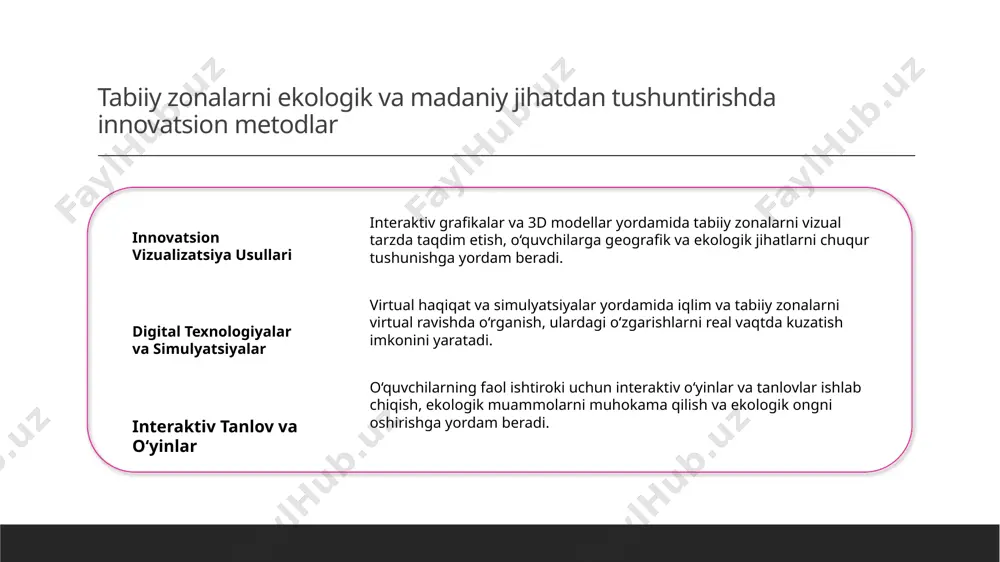 monitoring va muhofaza ishlari bilan shug‘ullanib, ekologik va madaniy muhim joylarni o‘z ko‘nikmalariga qo‘shadilar. interaktiv metodlardan foydalanish guruhlarda muhokama, loyiha tayyorlash va simulyatsiyalar orqali talabalar tabiiy zonalarni chuqurroq tushunib, muhofaza qilishga qiziqish uyg‘otiladi. o‘quvchilarni faol ishtirokini ta’minlash uchun interaktiv va amaliy yondashuvlar strategiyalari 1 faol ishtirokni qo‘llab-quvvatlash interaktiv o‘quv usullari, masalan, guruh muhokamalari va muammo hal qilish mashg‘ulotlari, o‘quvchilarni faollashtiradi va mavzuni chuqurroq tushunishga yordam beradi. 2 amaliy tajribalarni oshirish tabiiy zonalar bilan bog‘liq amaliy mashg‘ulotlar, masalan, tashqi muhitda o‘qitish yoki simulyatsiya o‘yinlari, o‘quvchilarning ekologik bilimlarini mustahkamlaydi. 3 texnologiyalarni integratsiya qilish interaktiv ta’lim texnologiyalari, masalan, virtual turlar yoki mobil ilovalar, mavzuni qiziqarli qilish bilan birga, o‘quvchilarning ishtirokini oshiradi va bilimlarni mustahkamlashga yordam beradi. xulosa 1 o‘zbekiston iqlimi va tabiat zonalari muhim ahamiyatga ega bu zonalar ekologik barqarorlik uchun asosiy bo‘lib, ularni tushunish va muhofaza qilish jamiyatimiz uchun ekologik muhim ahamiyat kasb etadi. 2 interaktiv metodlar ta’lim jarayonini samarali qiladi amaliy …
