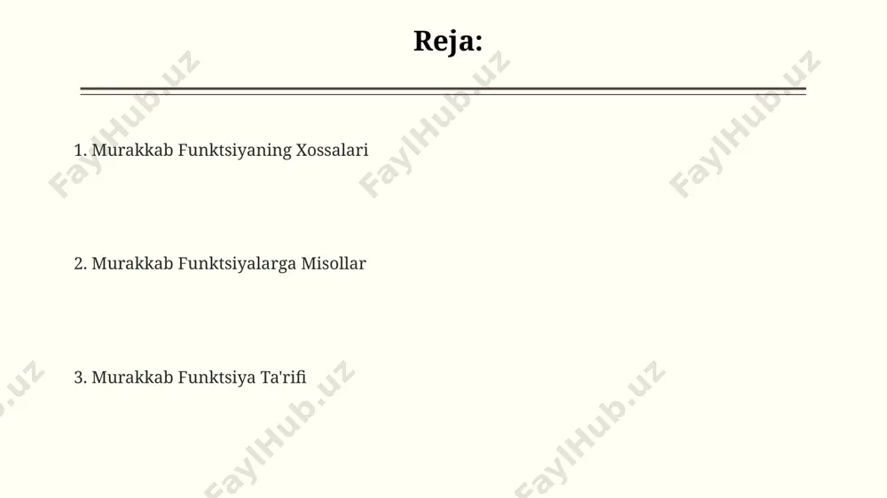 yaning hosilasini ichki funksiyaning hosilasiga ko‘paytirish qoidasi qo‘llaniladi, bu esa 2 ta funksiyaning hosilalarini 3 o‘lchovli koordinata sistemasida samarqand universitetida o‘rganiladi. murakkab funksiyaning hosilasini topishda, agar ichki funksiya trigonometrik funksiya bo‘lsa, masalan, sin(x²) funksiyasi uchun, 2xcos(x²) hosilani topishda farg‘ona viloyatidagi maktablarda 11-sinf o‘quvchilari uchun qiyin masala bo‘ladi. tenglamalarni yechishda qo'llanilishi murakkab funksiyalar yordamida 2x + 3 = 7 tenglamasini yechishda, avval f(x) = 2x va g(x) = x + 3 funksiyalarining kompozitsiyasi (g◦f)(x) ni aniqlash orqali, samarkanddagi olimlar tomonidan taklif qilingan usul qo'llaniladi. toshkentdagi matematika mutaxassislari tomonidan ishlab chiqilgan usulda, 3x² - 6x + 2 = 0 kabi kvadrat tenglamalarni yechishda, murakkab funksiyalarning teskari funksiyalaridan foydalanib, 2 ta haqiqiy yechim topiladi. f(x) = √(x+5) va g(x) = x²-1 funksiyalarini qo'llab, x³ + 5x² - x - 5 = 0 tenglamasini f(g(x)) kompozitsiyasi orqali buxoro shahrida o'tkazilgan tadqiqotlarda 3 ta ildiz topish mumkin. ta'rif va misol kompozitsiya funksiyasi ikki yoki undan …