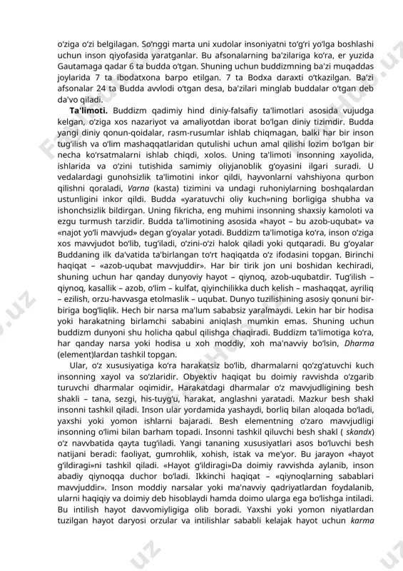 og‘ushida tarbiyalab, uni hech bir kamchiliksiz katta qiladi. siddxartxa ulg‘ayib qo‘shni hukmdorlardan birining qizi yashadxaraga uylanadi va o‘g‘il ko‘rib, unga raxula deb ism qo‘yadi. hech bir qiyinchilik va kamchilik ko‘rmay o‘sgan bola siddxartxa bir kuni ittifoqo bir keksa chol, bir bemor hamda og‘ir mashaqqat tortayotgan rohibni uchratadi, bir kishining esa vafotiga guvoh bo‘ladi. bundan qattiq ta'sirlangan shahzoda insoniyatni qiyinchilik va azobdan qutqarish yo‘llarini izlash uchun saroyni tashlab ketadi. bu vaqtda u 30 yoshda edi. u beshta rohib bilan qishloqma-qishloq kezib yuradi. shu asnoda siddxartxa bir narsaga amin bo‘ldi: bu yo‘l uni o‘z oldiga qo‘ygan maqsad, ya'ni insoniyatni azob-uqubatdan qutqarish sari olib bormaydi va u rohiblar jamoasidan ajraladi. birmuncha vaqt changalzor o‘rmonlarda kezib horib charchagach, bir daraxtning tagida dam olish uchun o‘tiradi, va o‘zicha, to haqiqatni topmaguncha shu erdan turmaslikka qaror qiladi. bu o‘tirishning 49 kuni uning qalbidan «sen haqiqatni topding» degan sado keladi. shu paytda uning ko‘z oldida butun borliq …