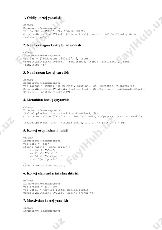 kitoblar) console.writeline($"nomi: {kitob.nomi}, muallifi: {kitob.muallif}, sahifa: {kitob.sahifa}"); 9. foydalanuvchidan qiymat qabul qilish csharp копироватьредактировать console.write("ismingizni kiriting: "); string ism = console.readline(); console.write("yoshingizni kiriting: "); int yosh = int.parse(console.readline()); console.write("kasbingiz: "); string kasb = console.readline(); var foydalanuvchi = (ism, yosh, kasb); console.writeline($"ism: {foydalanuvchi.ism}, yosh: {foydalanuvchi.yosh}, kasb: {foydalanuvchi.kasb}"); ✅ enum topshiriqlar 1. oddiy enum csharp копироватьредактировать enum haftaningkunlari { dushanba, seshanba, chorshanba, payshanba, juma, shanba, yakshanba } foreach (var kun in enum.getvalues(typeof(haftaningkunlari))) console.writeline(kun); 2. enumdan qiymat olish csharp копироватьредактировать enum ballbahosi { past = 2, qoniqarli = 3, yaxshi = 4, alo = 5 } int baho = int.parse(console.readline()); console.writeline((ballbahosi)baho); 3. enumdan butun son olish csharp копироватьредактировать enum daraja { oddiy = 1, orta = 2, yuqori = 3 } console.writeline((int)daraja.yuqori); 4. enumni stringga o‘girish csharp копироватьредактировать enum mavsum { bahor, yoz, kuz, qish } console.writeline(mavsum.bahor.tostring()); 5. enum yordamida switch-case csharp копироватьредактировать enum talabastatusi { aktiv, taqdimqilmagan, tugatgan } talabastatusi status = …