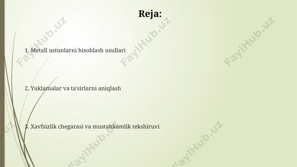 oshsa, bu ustunning barqarorligi uchun xavf tug'dirishi mumkin va qo'shimcha tahlil talab etiladi. natijalar, 25 mpa dan yuqori bosim kuchlanishlarni ko'rsatgan hollarda, ustunning mustahkamligi yetarli emasligini va qo'shimcha mustahkamlash yoki profilni o'zgartirish zarurligini bildiradi. materiallarni tanlash materialning narxi va uning yetkazib berish imkoniyati ham muhim omillar hisoblanadi. masalan, s235 po'lati s355 ga nisbatan arzonroq, lekin bu uning quvvat xususiyatlariga ham ta'sir qiladi. material tanlashda, po'latning quvvat chegarasi (masalan, s235 yoki s355) va uning zichligi (7850 kg/m³) kabi parametrlarni hisobga olish muhim, chunki bu ustunning og'irligi va mustahkamligiga ta'sir qiladi. alyuminiy qotishmalari (masalan, 6061-t6) engilroq bo'lsa-da, po'latga nisbatan pastroq bosimga chidamliligi tufayli, ustunlar uchun ularning qo'llanilishi cheklangan bo'lishi mumkin. barqarorlik tekshiruvi barqarorlik tekshiruvida, belgilangan xavfsizlik koeffitsienti (1,5 -2,0) qo'llaniladi va hisob-kitoblarda materialning siqiluvchanlik chegarasi va kolonnaning geometrik o'lchamlari inobatga olinadi. 10 m balandlikdagi metall kolonka uchun barqarorlik tekshiruvida, kritik egiluv yuki hisoblab chiqiladi va u 150 kn dan oshmasligi kerak. barqarorlik …