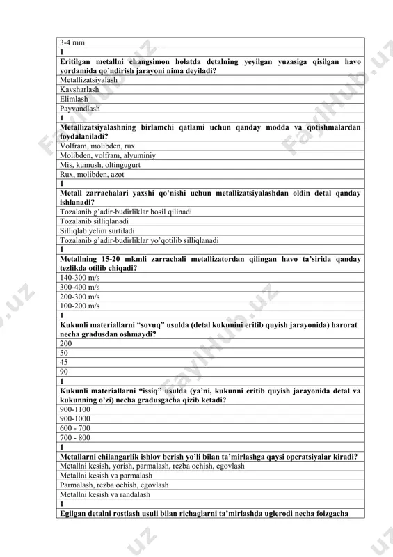 ida qo`ndirish jarayoni nima deyiladi? metallizatsiyalash kavsharlash elimlash payvandlash 1 metallizatsiyalashning birlamchi qatlami uchun qanday modda va qotishmalardan foydalaniladi? volfram, molibden, rux molibden, volfram, alyuminiy mis, kumush, oltingugurt rux, molibden, azot 1 metall zarrachalari yaxshi qo’nishi uchun metallizatsiyalashdan oldin detal qanday ishlanadi? tozalanib g’adir-budirliklar hosil qilinadi tozalanib silliqlanadi silliqlab yelim surtiladi tozalanib g’adir-budirliklar yo’qotilib silliqlanadi 1 metallning 15-20 mkmli zarrachali metallizatordan qilingan havo ta’sirida qanday tezlikda otilib chiqadi? 140-300 m/s 300-400 m/s 200-300 m/s 100-200 m/s 1 kukunli materiallarni “sovuq” usulda (detal kukunini eritib quyish jarayonida) harorat necha gradusdan oshmaydi? 200 50 45 90 1 kukunli materiallarni “issiq” usulda (ya’ni, kukunni eritib quyish jarayonida detal va kukunning o’zi) necha gradusgacha qizib ketadi? 900-1100 900-1000 600 - 700 700 - 800 1 metallarni chilangarlik ishlov berish yo’li bilan ta’mirlashga qaysi operatsiyalar kiradi? metallni kesish, yorish, parmalash, rezba ochish, egovlash metallni kesish va parmalash parmalash, rezba ochish, egovlash metallni kesish va randalash …