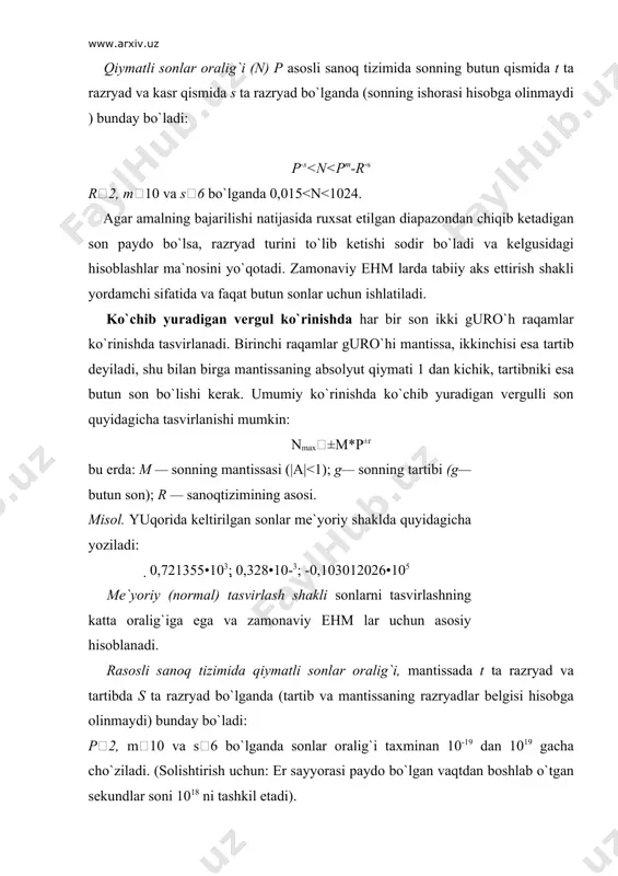 tish tizimi еlementlarini ham oladi. windows nt operacion tizimi windows nt — ko`p foydalanuvchili, ko`p masalali, ko`p oqimli ot dir, u windows 95 interfeysiga deyarli o`xshash bo`lgan grafikli foydalanuvchi interfeysiga еta. bu operacion tizimning o`ziga xos xususiyatlari: • ichiga qurilgan tarmoqdi yordam berish — boshqa ot lardan farqli ularoq u boshidayoq hisoblash tarmog`ida ishlashni hisobga olib yaratilgan, shuning uchun foydalanuvchi interfeysiga fayllar, qurilmalar va ob`ektlarni birgalikda tarmoqli ishlatish vazifalari moslashtirilgan; • muhimlik bo`yicha ko`p masalalik, bu yuqoriroq muhimli ilovalarning quyi muhim ilovalarni siqib chiqarishiga imkon beradi, xususan, "to`xtab qolgan" ilovalarni bajarishda tizimning ishlamay turib qolishini avtomatik bartaraf qilish hisobiga mashina vaqtini yanada samaraliroq ishlatish imkonini beradi; • dasturlarni va foydalanuvchining turli fayllarini ruxsat еtilmagan murojaat qilishdan etarlicha kuchli himoya vositasining borligi; resurslarga ko`p darajali murojaat qilishlarning borligi, bunda foydalanuvchi murojaat qilish darajalarini ularning vakolatiga mos ravishda belgilaydi; • bir nechta faylli tizimlarni qo`llab-quvvatlash — windows ning hamma versiyalari tomonidan qo`llab …