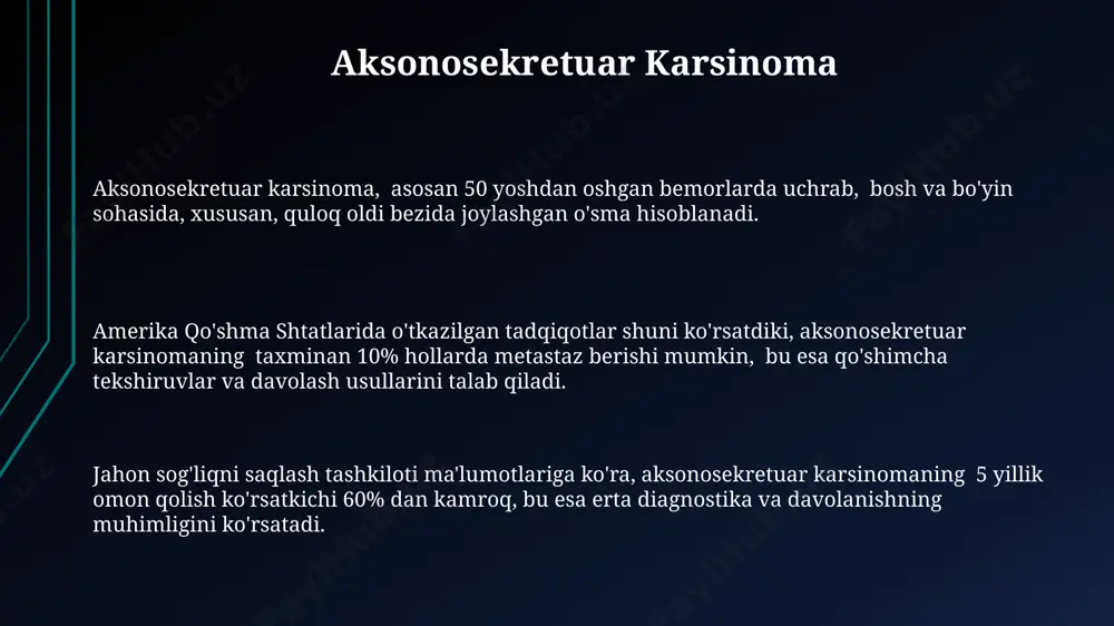 кўндаланг йўналишдаги нервлар бўйлаб 30 ёшдан ошган кишиларда учрайди ва ўсманинг ўлчами 2-5 см гача етади. пардош безидаги шванномаларнинг ташхисини аниқлашда, кўпинча, ядроли магнит резонанси (ямр) ва компьютер томографияси (кт) каби 2 та асосий диагностик усуллар қўлланилади, булар ўсманинг жойлашуви ва ўлчами ҳақида аниқ маълумот беради. шванномаларнинг 80% дан ортиғи яхши сифатли бўлиб, камдан-кам ҳолларда метастаз беради; аммо, 20% ҳолатда, айниқса, бош мия нервларида, ўсма тез ўсади ва атроф тўқималарга бостириб киради. diagnostika usullari биопсия, жумладан, ине шанси билан аспиратсион цитология (fnac) 85% дан ортиқ ҳолатларда тўғри ташхис қўйиш имконини беради. натижаларнинг ишончлилиги учун камида 3 та хужайра тайёрланиши лозим. шиллиқ парда ва шиллиқ парда бўлмаган ўсмаларни аниқлашда юқори частотали узи текшируви, хусусан 7-12 мгц датчикларидан фойдаланиш, ўсманинг ўлчамлари ва жойлашувини аниқлашда самаралидир. тошкент шаҳридаги диагностика марказларида бу усул кенг қўлланилади. мрт, кт ва пэт-кт каби тасвирий диагностика усуллари 3-5 мм дан кичик ўлчамдаги ўсмаларни ҳам аниқлашга имкон беради ва …